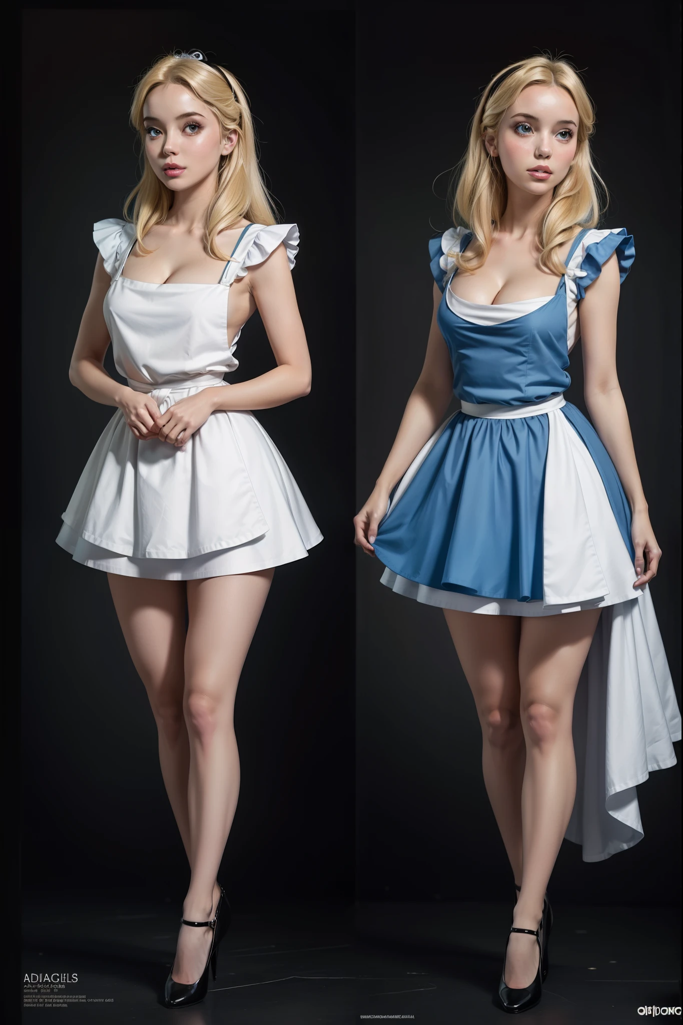 masterpiece, 1girl, solo, a sexy Alice in Wonderland with blonde hair, powder blue dress with white apron, white stockings, cleavage, dynamic, ultra high def, 32k, (perfect anatomy:1.5), perfect legs, in the style of Artgerm and Adam Hughes, ,