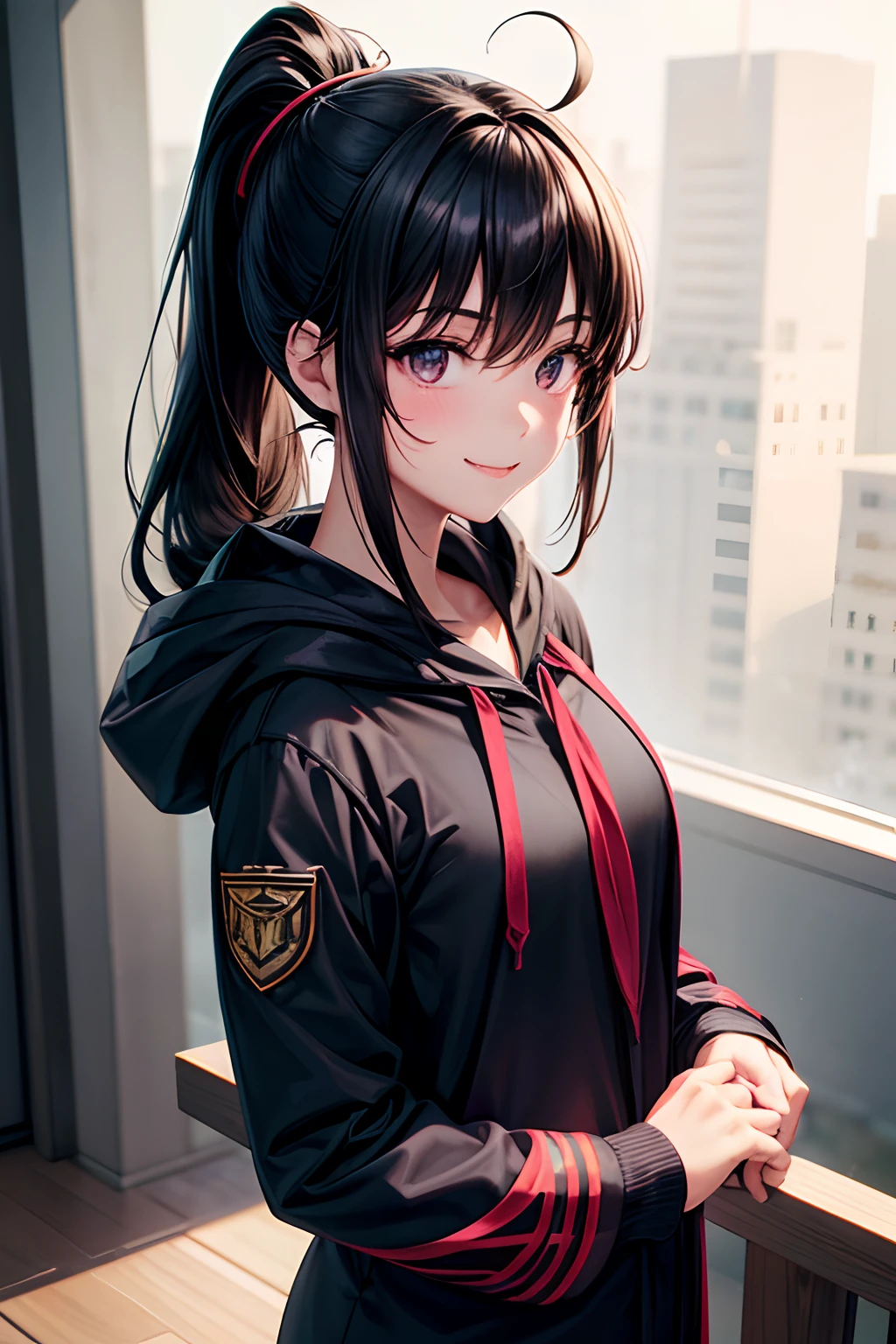 A lot of skin exposure, senior high school , uniformed figure, hair behind ear, light smile, oral invitation, black hair, ponytail, hood up, anime, anime style, drop shadow, 4K, best quality, award winning, super detail, textured skin, retina