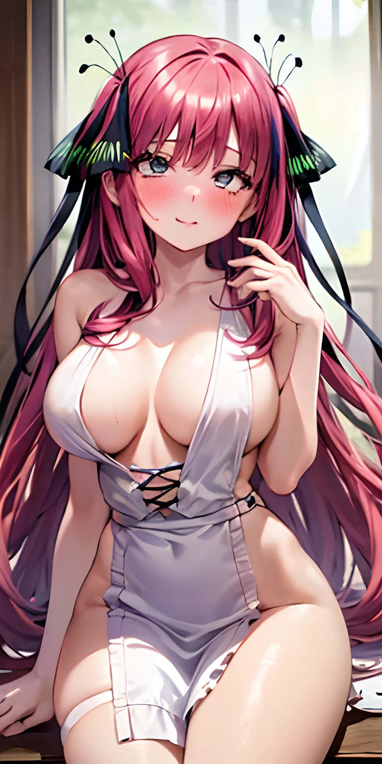 1girl, solo, nakano nino, pink hair, butterfly hair ornament, (naked:1.3), (white apron), large breasts, cleavage, thighs, cafe background, (blushing:1.3)