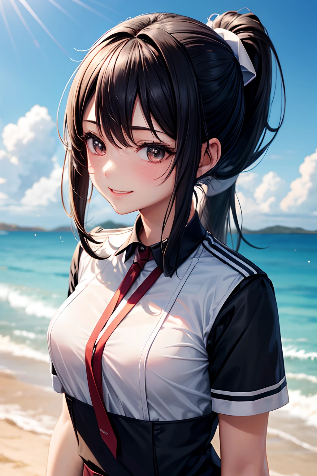 A lot of skin exposure, senior high school student, uniformed figure, hair behind ear, light smile, oral invitation, black hair, ponytail, In summer uniform, anime, anime style, drop shadow, 4K, best quality, award winning, super detail, textured skin