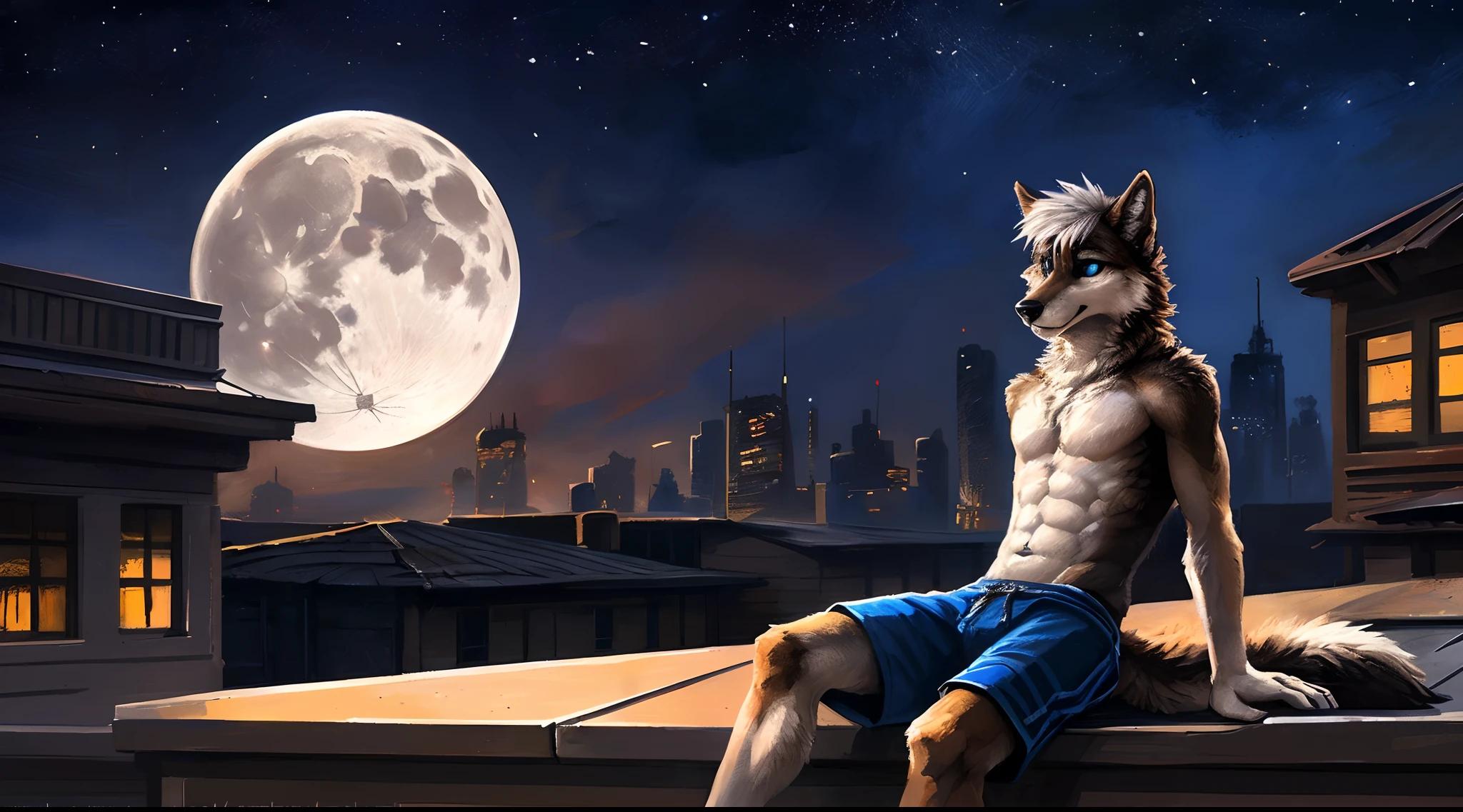 ((Solo)), male people, anthro wolf, (Multi-colored fur, White-brown:1.3), ((Wolf face, White hair, Big eyes, White eyelids, Blue pupil, Slim:1.2) (Tough, Calm expression:1.2)), Abs, Slim, pinging)), (Correct anatomy), (Work shorts:1.1), (Contour bone:1.2), The upper body is naked, (detailed outfits),A big tail,Feet,Long legs,(Realistic fur, Detailed fur texture, labeled:1.3)), (Natural lighting), Photorealistic, Hyperrealistic, ultradetailed, by Kenket,In the modern city,Roof roof,the night,Sit alone,Look at the full moon,It was dark,Starry
