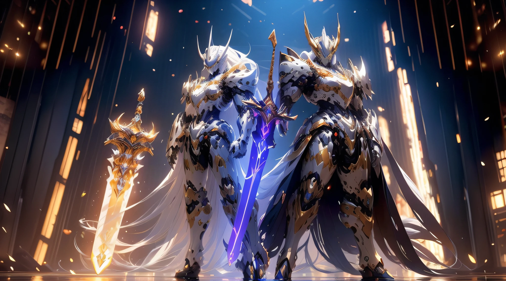 ultra wide shot, full body shot, (masterpiece) , the best quality, High Quality, (futurism:1.1), (A paladin holding a light infused sword, light magic, divine, magewave, silver and gold), movie lights, (Exquisite future), Beautiful and beautiful, Ultra detailed, Great composition, floating, Depth of field, (Very detailed CG,Unity 8k壁纸), (Beautiful detail background), Beautiful hair details, dramatic lights, GOGETTA, mecha,Bestquality,ultrahighres,photorealistic