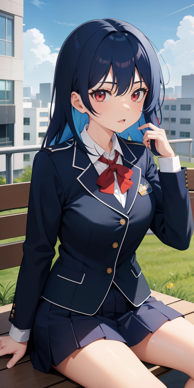 One anime girl, medium blue hair, curved hair, light red eyes, school uniform, mid day time, school rooftop, sitting on bench