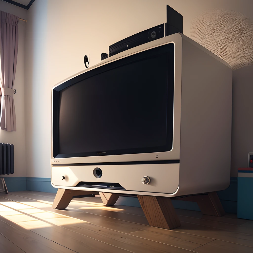 Cartoon-style television with a small French flag in decoration. Fond en couleur neutre. Television in the foreground