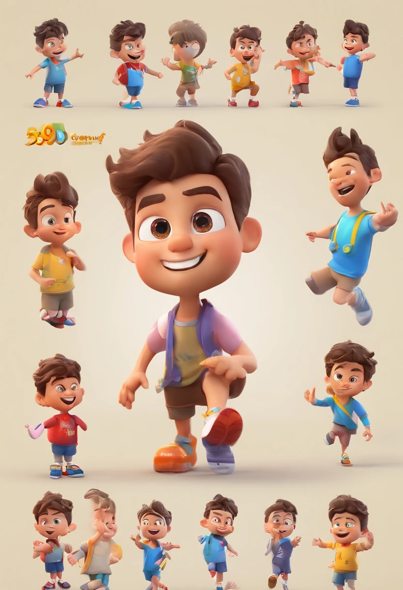 , multiples poses and expressions, fundo branco, children's book illustration style, simples, fofo, 6 anos de idade, cores brilhantes, short, cabelo preto cacheado, blusa de manda