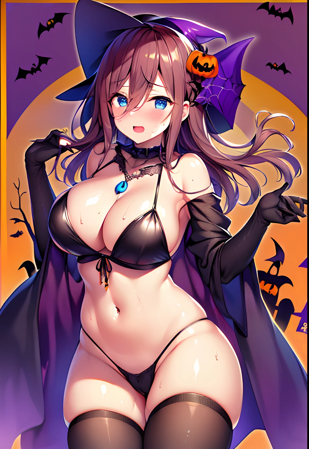 top-quality、Highly detailed anime super detail、masterpiece、tre anatomically correct、Detailed hand、(Mother 1.6)、8K、I love my tides、sexual excitement、Upper line、huge-breasted、thighs thighs thighs thighs、cold sweat、Sweat profusely、Friendly face、Stuffiness、Foreplay、(Halloween Wear:1.6)、Moisturizing skin、(Drenched body:1.3)、Detail Eye、NSFW、erotick、Glossy lotion on the head、oppressive、Best Necklaces、cum on、Stuffiness、Lustrous hair、Throwing kisses、Wink、hair on the crotch、Halloween Backgrounds、 Vibe insertion、masturbation、Streaks in the crotch、Frontal view、full-body view