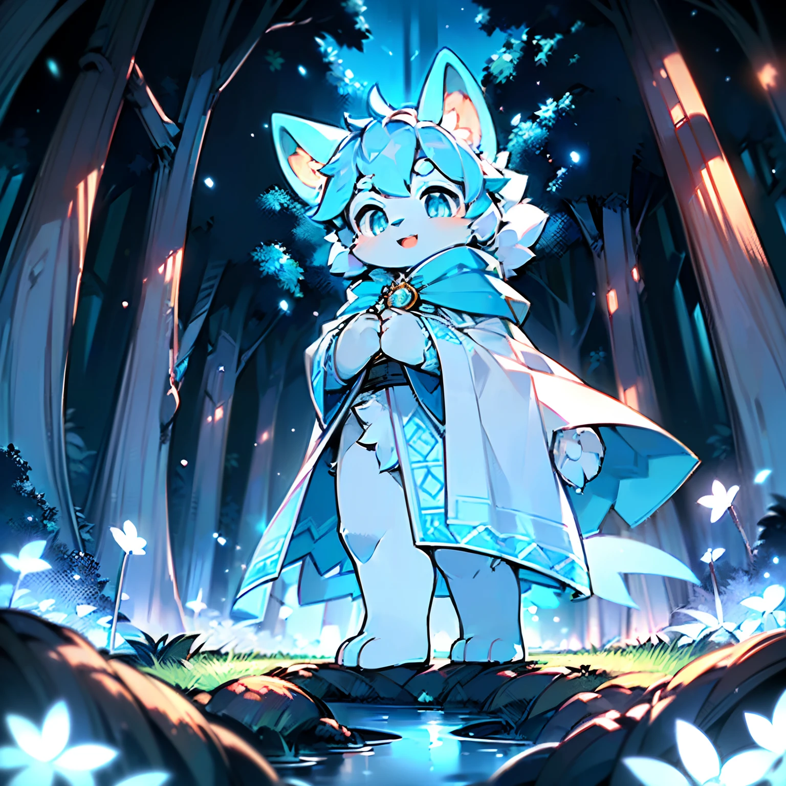Anthropomorphic standing furry little wolf,adolable, Light:Extreme light and shadow,(anthr(Full Body Furry,Head bust close-up, Pale blue hair,Large pale blue ears,Big blue eyes,The mouth is slightly larger,White fur,Reddish skin ,Sky blue eyes, Pale blue hair:1.2), (long canines、Thick blue cloak,White fur trims:1.2),(the night、lawns)) ,((Deep in the dark forest at night,glowworm,独奏,solo person)),((the detail)),(depth of fields),(Sell moe),(standing on your feet))