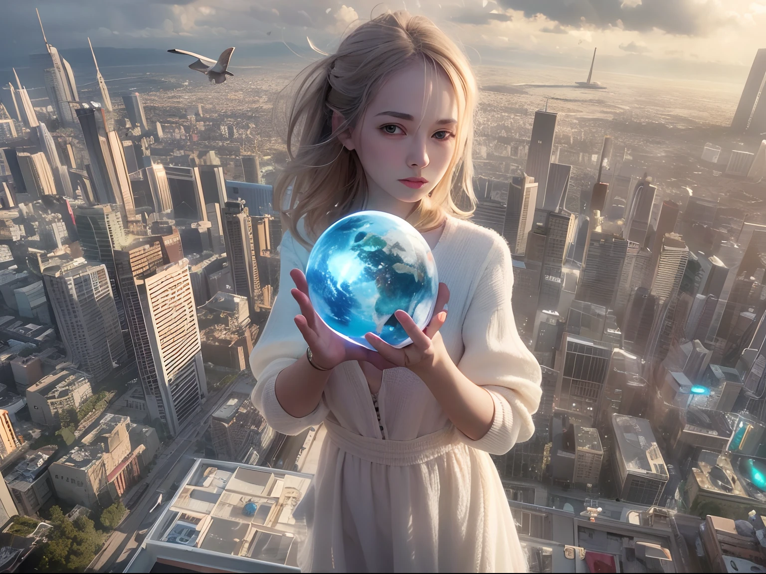 1 20 yo girl, Holding the blue planet in hand, Being in the air, Bird's eye view, sci fi city, There is glare,