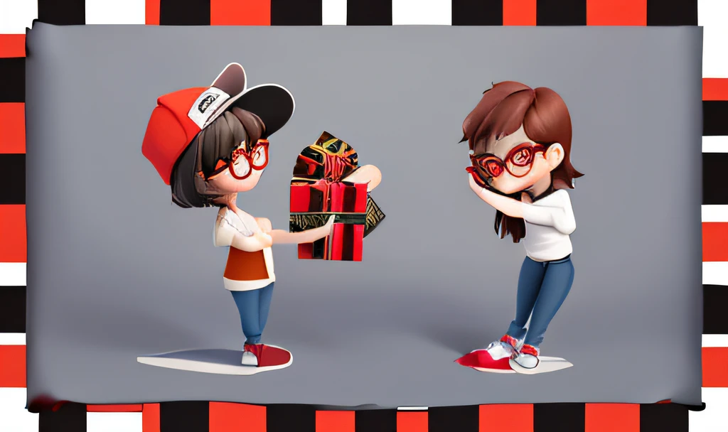 a cartoon-style drawingTeenager wearing black cap, camisa xadrez vermelha e jeans, Delivering a gift wrap to a girl with glasses and short brown hair., garota timida