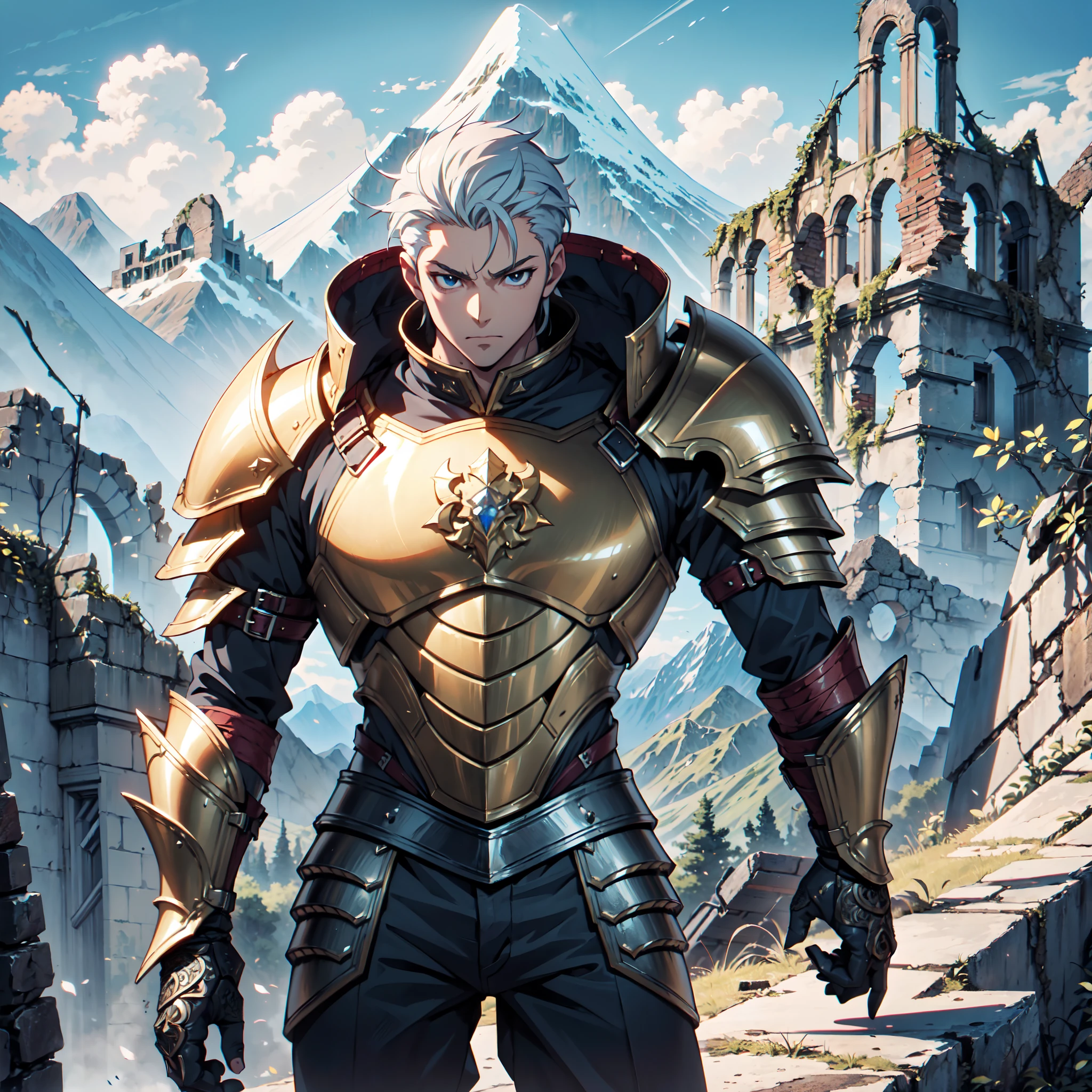128K Ultra High Definition,
128K Ultra High Quality,
128K Ultra High Resolution,
Best Definition,
Best Quality,
Best Resolution,
Perfectly Detailed,
Perfectly Designed,
Extremely Detailed,
Extremely Designed,
Hyper Detailed,
Hyper Definition,
Hyper Quality,
Hyper Resolution,
Masterpiece,
(((Anime))),
Front Shot Body Shot,
(((Boy))),
Handsome,
Muscular Body,
Hyper Detailed Short Hair,
(((Hyper Detailed Armor Plates))),
(((Hyper Detailed Baron Armor))),
(((Hyper Detailed Mountain Ruins Background Scenery))),