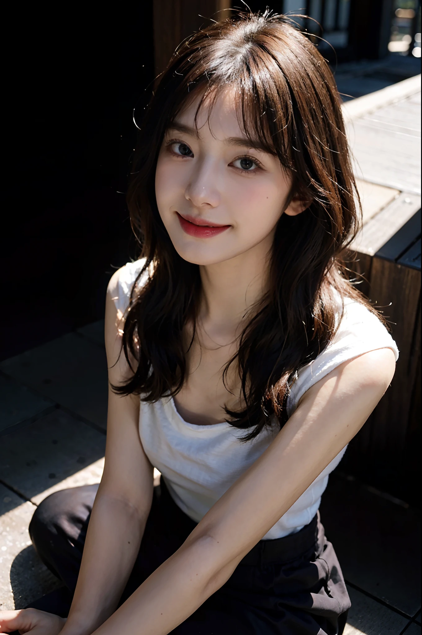 (top-quality、8K、32K、masuter piece、nffsw:1.2)、profile、(slim figure:1.2)、(s lips) 、、white t-shirts、二重まぶた、shinny skin、Realistic rays、mare、beauitful face、(A smile:1.3)、crouching down、(From above:1.2)、(a closeup:1.4)、blurry backround、(Front Focus)、(Dark: 1.6)、Fantasy Art、photoRealstic、Professional Lighting、extra detailed face、Award-winning、deep-shadows、