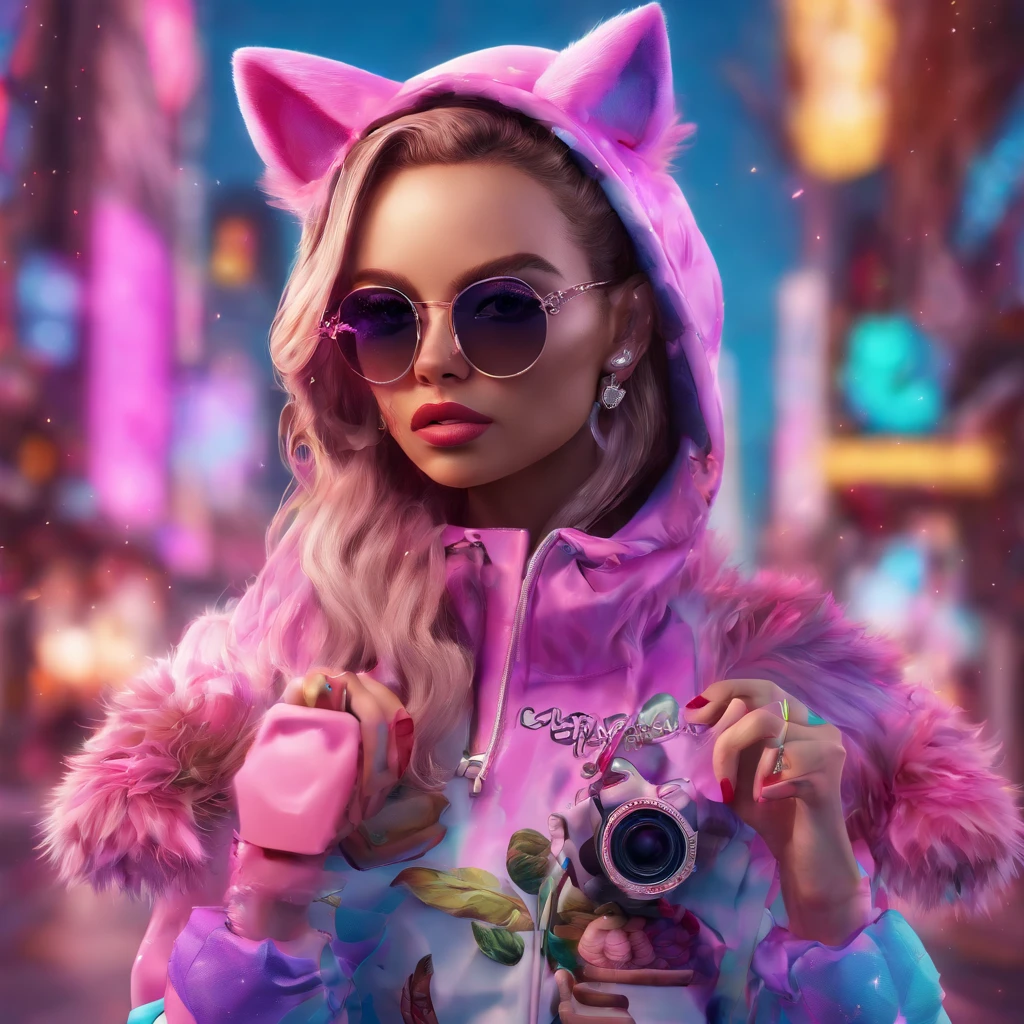 In a whimsical kawaii cafe, Kitten Fluffy, crafted from highly detailed curling, thin glowing multi-colored smoke, dons a rose flower hoodie and fancy funny stylish giant shiny sunglasses. Against a backdrop of vibrant neon typography spelling VIKUSIA, FAINOHO DNIA, capture its enchantment in a digital art masterpiece. Incorporate volumetric 3D rendering, Octane render, and vibrant graffiti elements to create a fantasy illustration that showcases its fashion-forward style. Make it pop with a poster-worthy 3D render that embraces the essence of this captivating character ((stunningly tantalizing view)). 3D, highly detailed, sharp focus, 8K, ultra quality, UHD, crystal clear, bokeh. Black magic Pocket Cinema Camera 6K Pro with Sigma 18-35mm f/1.8 DC HSM Art lens Canon EOS 5D Mark IV camera with a Canon EF 24-70mm f/2.8L II USM lens --ar 9:16 --v 5.2 --s 750, architecture, vibrant, wildlife photography, portrait photography, fashion, cinematic, typography, 3d render, poster, photo