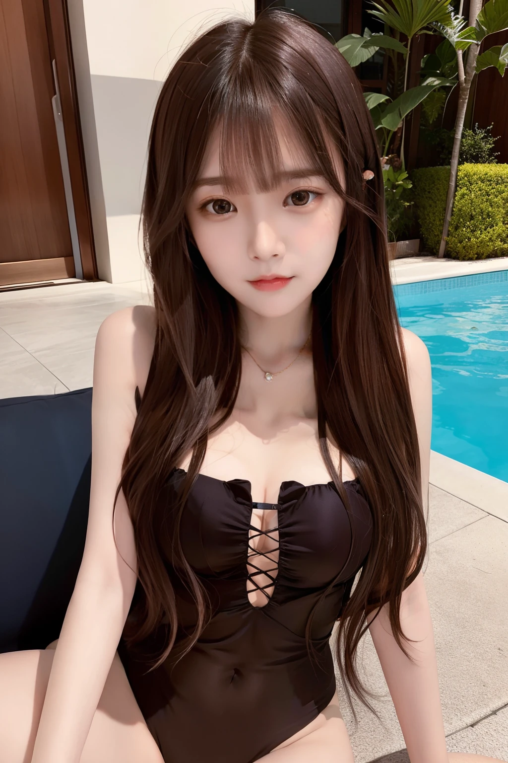 masterpiece、top-quality、ultra-detailliert、illustratio、write、frontage、Face Focus、女の子 1 人、A dark-haired、Brown eyes、length hair、Bewitching look、Gaze towards the viewer、Sexy swimming costume、Open legs、sitting on、