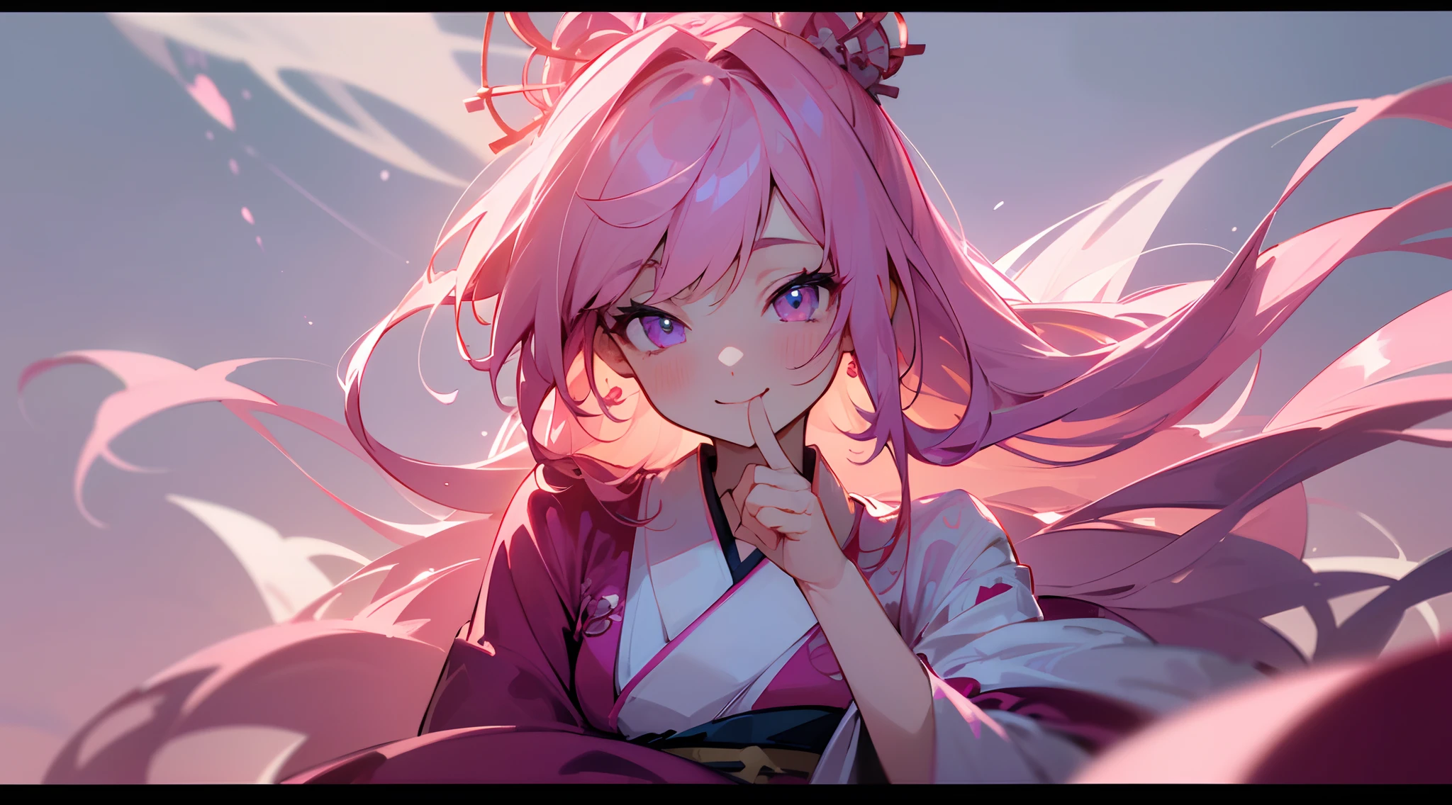 ((4k, Perfect hand, Perfect hair, Perfect Body, Perfect background, Cute face, Perfect Finger, Beautiful eyes, High resolution, High quality, High details, Best wallpaper)), 1 girl, solo, Looking at viewers, Pink hair, Pink eyes, Long hair, Smile face, Blush face, kimono, Beautiful background, Night City In Japan background.