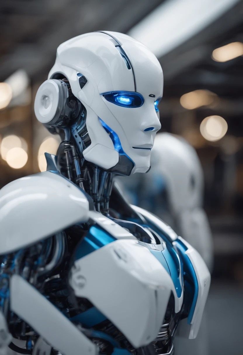 Create a futuristic robot with water veins bright white eyes made of glass steel body scenery a stunning view a futuristic building