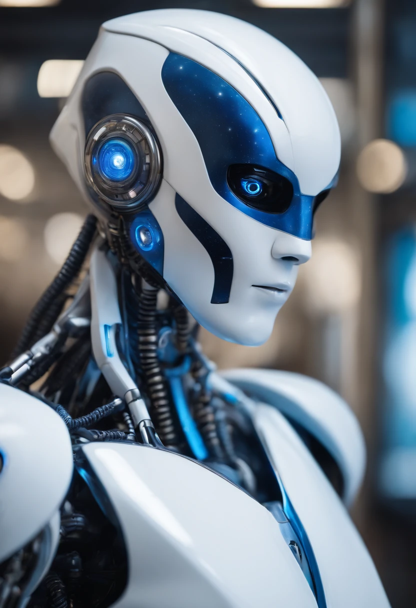 a white and blue robot, humanoid, ultra realist, 8k