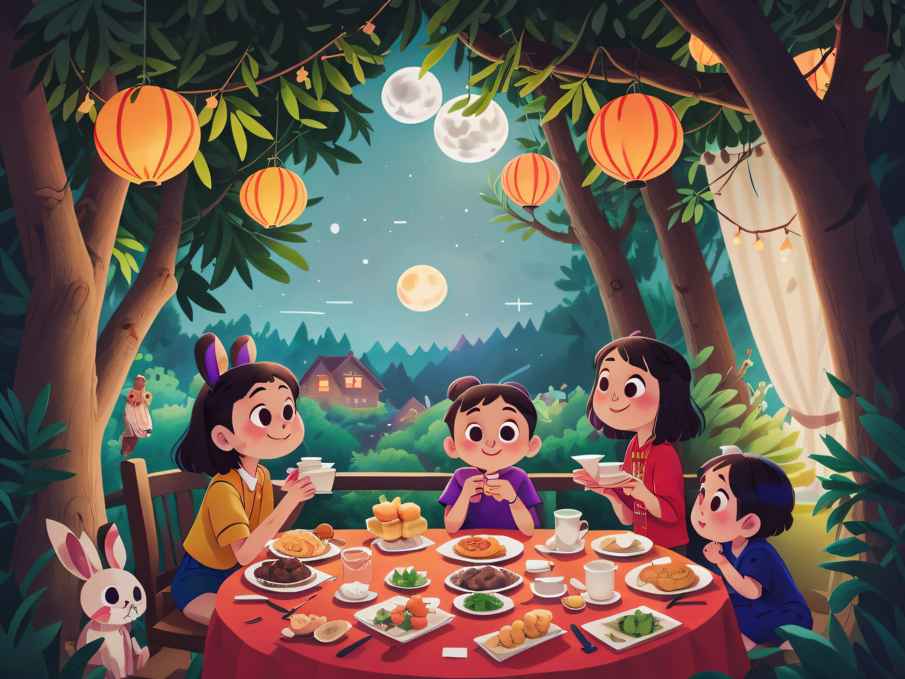 closeup cleavage，the night，The moon outside the window hangs in the sky，Family portrait sitting at the dining table eating mooncakes，There are mooncakes on the table，There are lanterns hanging by the window，Mid-Autumn Festival，edgBunny，sweet osmanthus