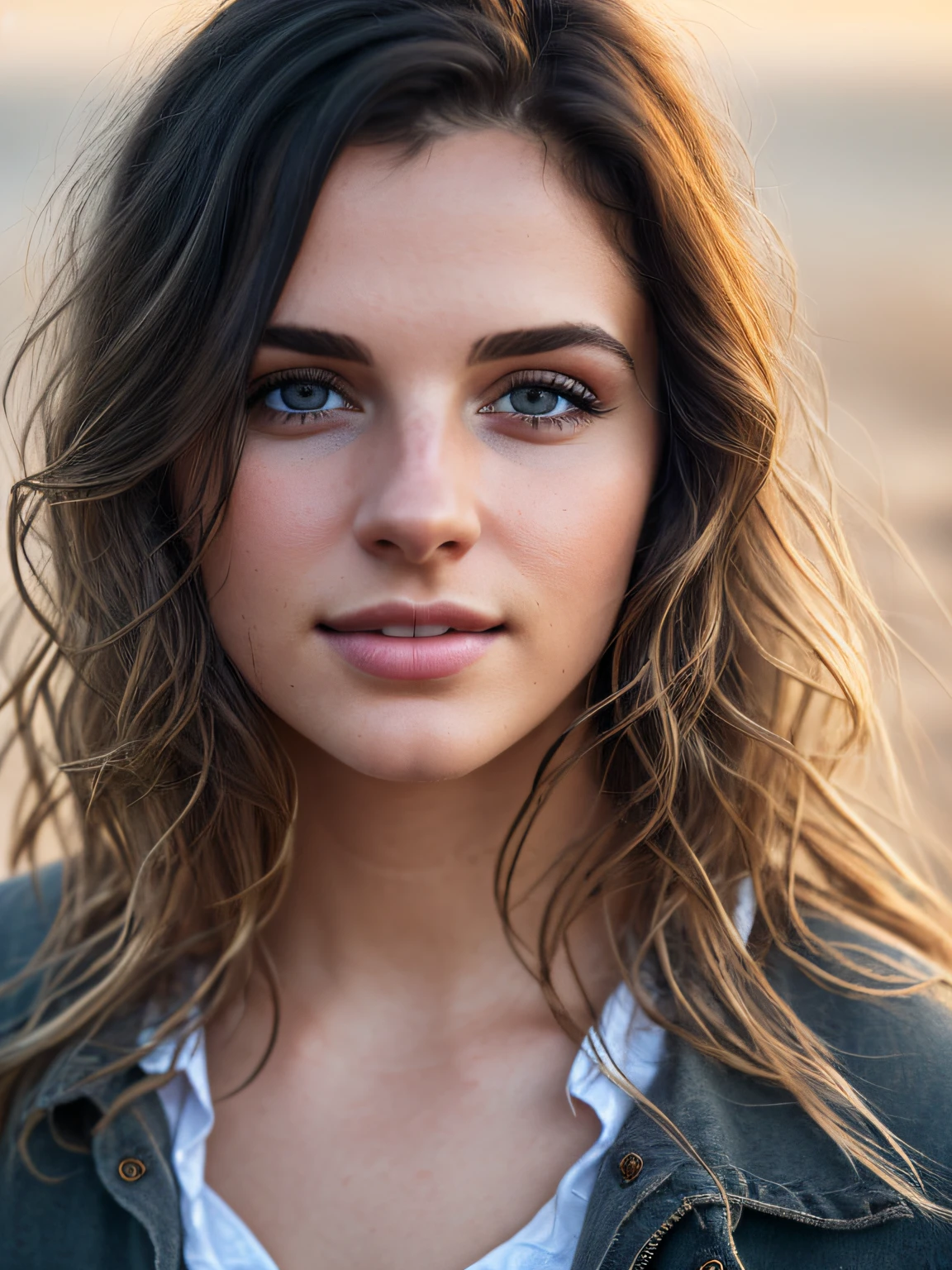 masterpiece, high quality, [bokeh], shallow DOF, sharp eyes focus , black hair,  ((23year y.o white woman )), (((ultra realistic detailed eyes))), intricate eye details, cute smile, sweaty, wearing blue shirt white trouser , model shoot pose, ultra skin texture, ((ultra skin details)), skin imperfections, intricate details, ( sitting in dark sand dunes ), long messy hair, fog, volumetric lighting, ((streaking light across face)), hair light, bloom, golden hour, dark shadows, visually interesting , low key, ultra realism