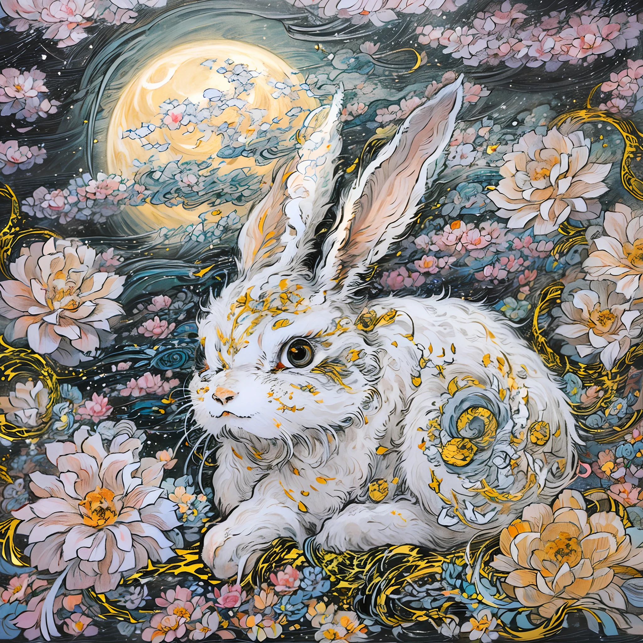 Yamazawa， themoon， Clouds， Skysky， Smart rabbit，painting of a（curly）， natta， jewely， Traditional media， fresh flowers， high high quality，