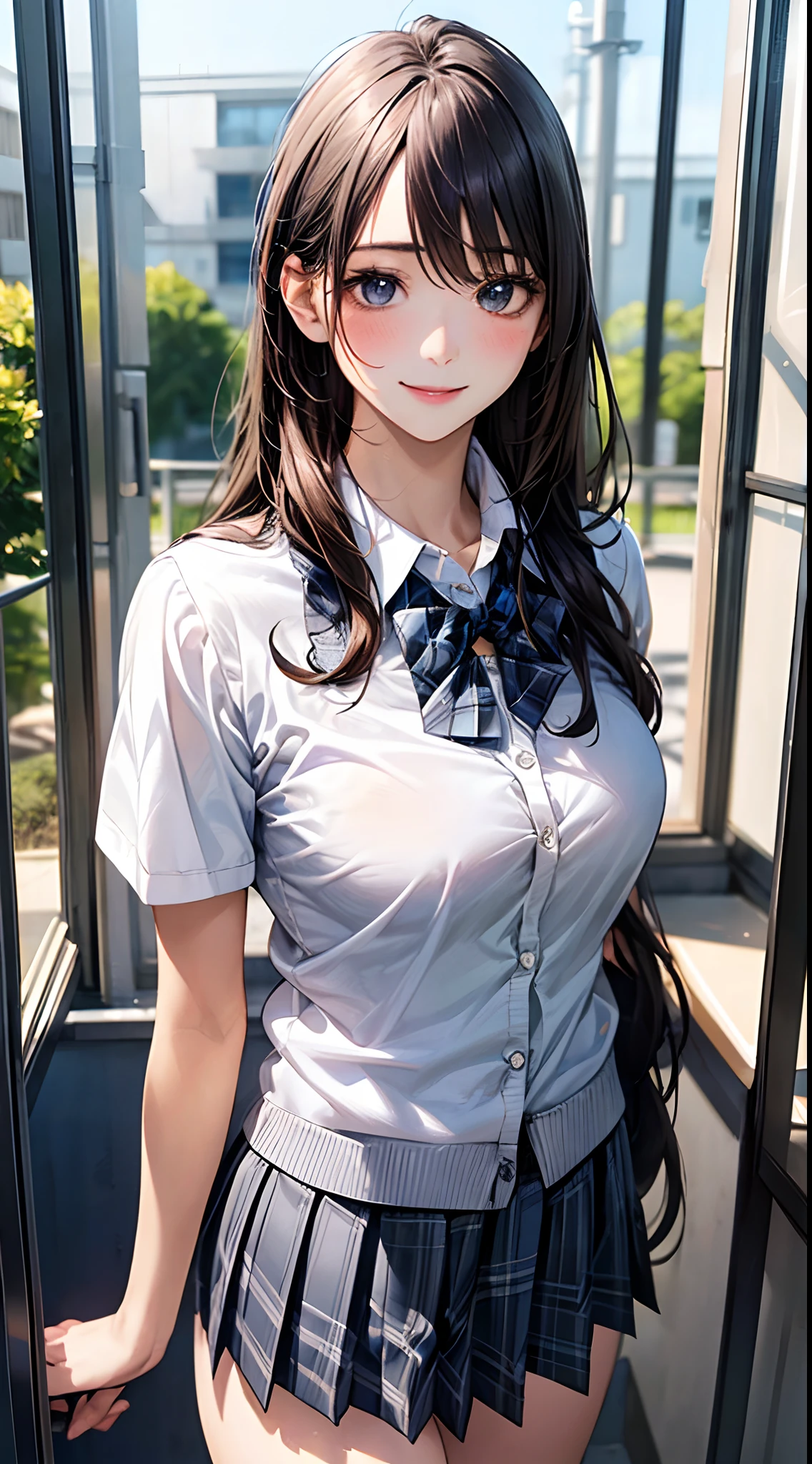 (masterpiece:1.2, top-quality), (realistic, photorealistic:1.4), beautiful illustration,
looking at viewer, full body, front view:0.6,
1 girl, japanese, high school girl, (long hair:1.5), blown hair, bangs, hair between eye, large breasts:0.8,
beautiful hair, beautiful face, beautiful detailed eyes, beautiful clavicle, beautiful body, beautiful chest, beautiful thigh, beautiful legs, beautiful fingers,
(beautiful scenery), , school,
((collared shirt, white shirt, school uniform, cardigan, grey plaid pleated skirt, blue plaid bow tie)), white panties,
standing, walking,
smile, ,