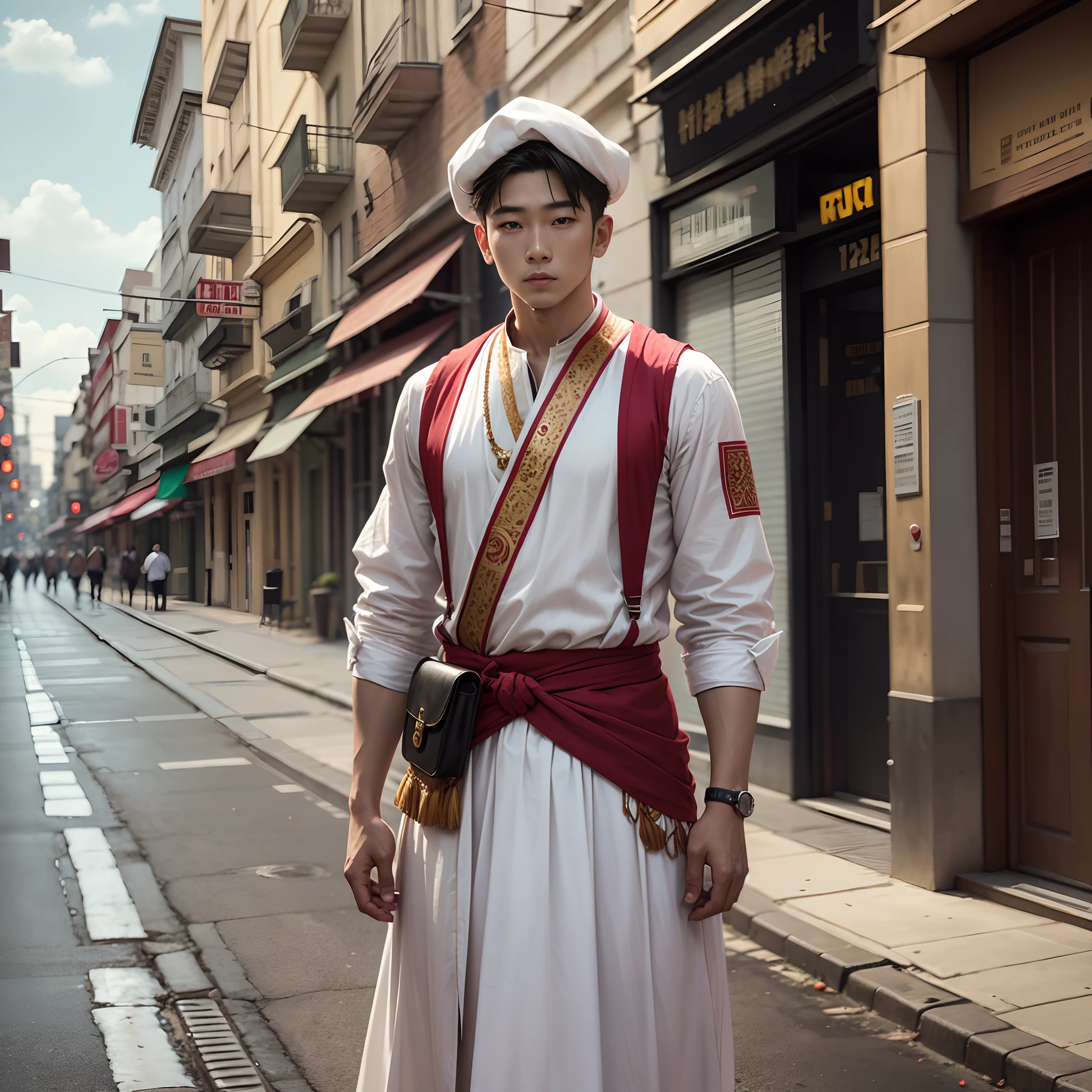 a man stand on street with traditional dress --auto --s2