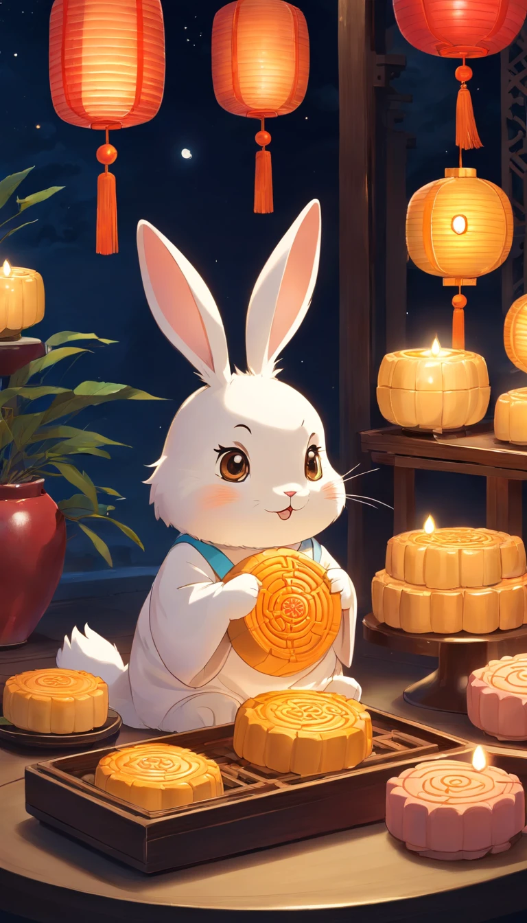 Delicious mooncakes，cinematic ligh，professional photoshooting，studio lit，studio context，advertisement photography，Complicated details，hyper-detailing，Ultra photo realsisim，8K UHD，Place on a blue and white porcelain plate，closeup cleavage，Leave white space，adorable rabbit，Holding mooncakes，Admire the big moon，peach blossom，lanterns，mid-autumn festival