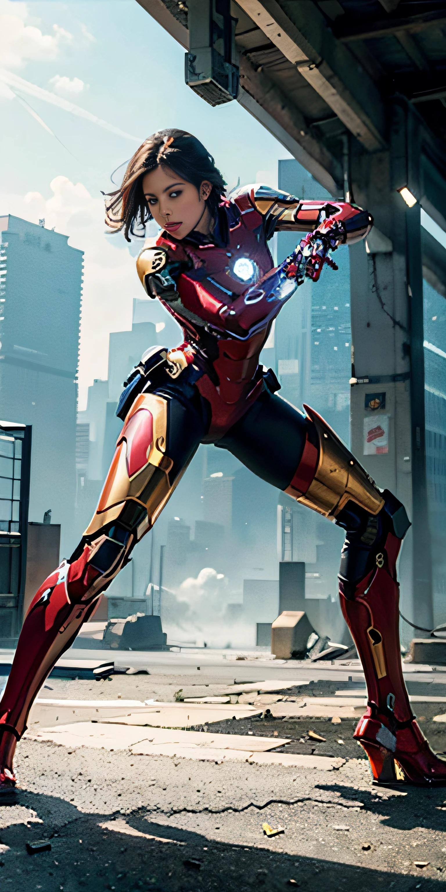 (1girl:1.3), solo,__body-parts__, official art, unity 8k wallpaper, ultra detailed, beautiful and aesthetic, beautiful, masterpiece, best quality, RAW, masterpiece, super fine photo,, best quality, super high Resolution, photorealistic, sunlight, full body portrait, stunningly beautiful,, dynamic pose, delicate face, vibrant eyes, (side view), she is wearing a futuristic Iron Man mech, red and gold, Highly detailed abandoned warehouse background, detailed face, detailed complex busy background, messy, gorgeous, milky, high detailed skin, realistic skin details, visible pores, sharp focus, volumetric fog, 8k uhd, dslr camera, High quality, film grain, fair skin, photorealism, lomography, sprawling metropolis in a futuristic dystopia, view from below, translucent