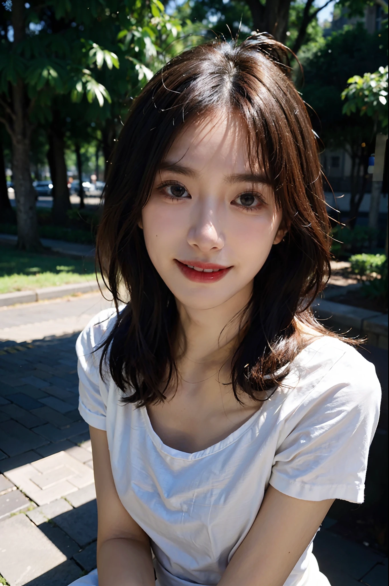 (top-quality、8K、32K、masuter piece、nffsw:1.2)、profile、(slim figure:1.2)、(s lips) 、17 age、white t-shirts、二重まぶた、shinny skin、Realistic rays、mare、beauitful face、(A smile:1.3)、crouching down、(From above:1.2)、(a closeup:1.4)、blurry backround、(Front Focus)、(Dark: 1.6)、Fantasy Art、photoRealstic、Professional Lighting、extra detailed face、Award-winning、deep-shadows、