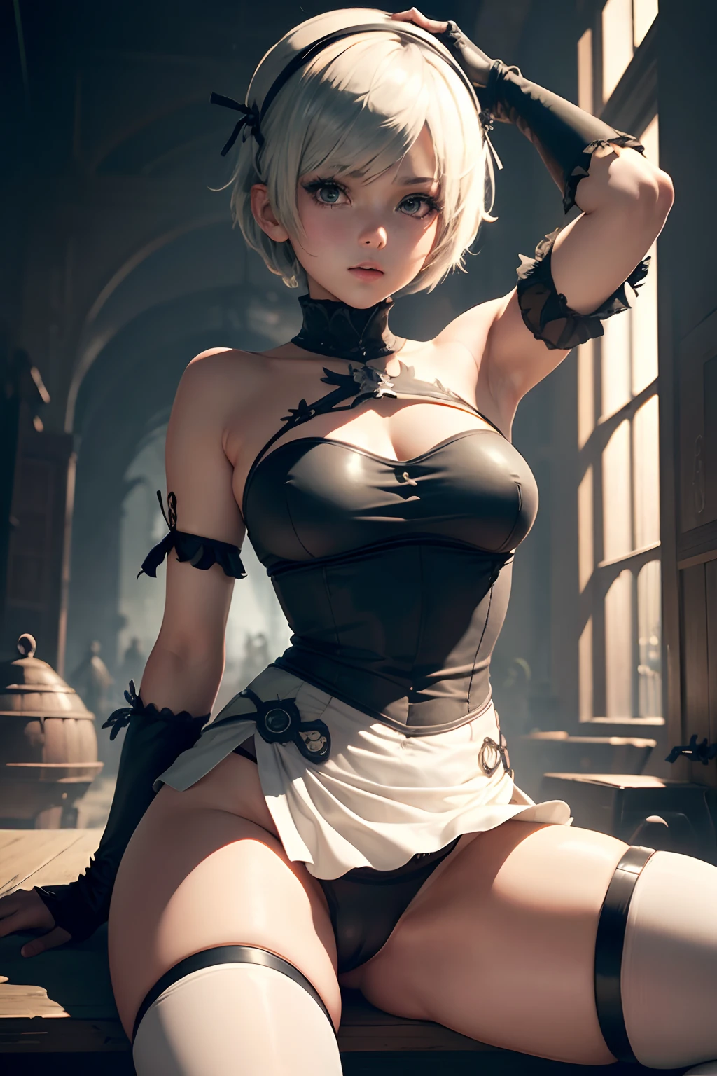 masterpiece,best quality,2b\(nier_automata\), 1girl, solo, (Loli/ little_girl) breasts,short_hair,panties_dress, armpit, white_panties, sit_open_legs