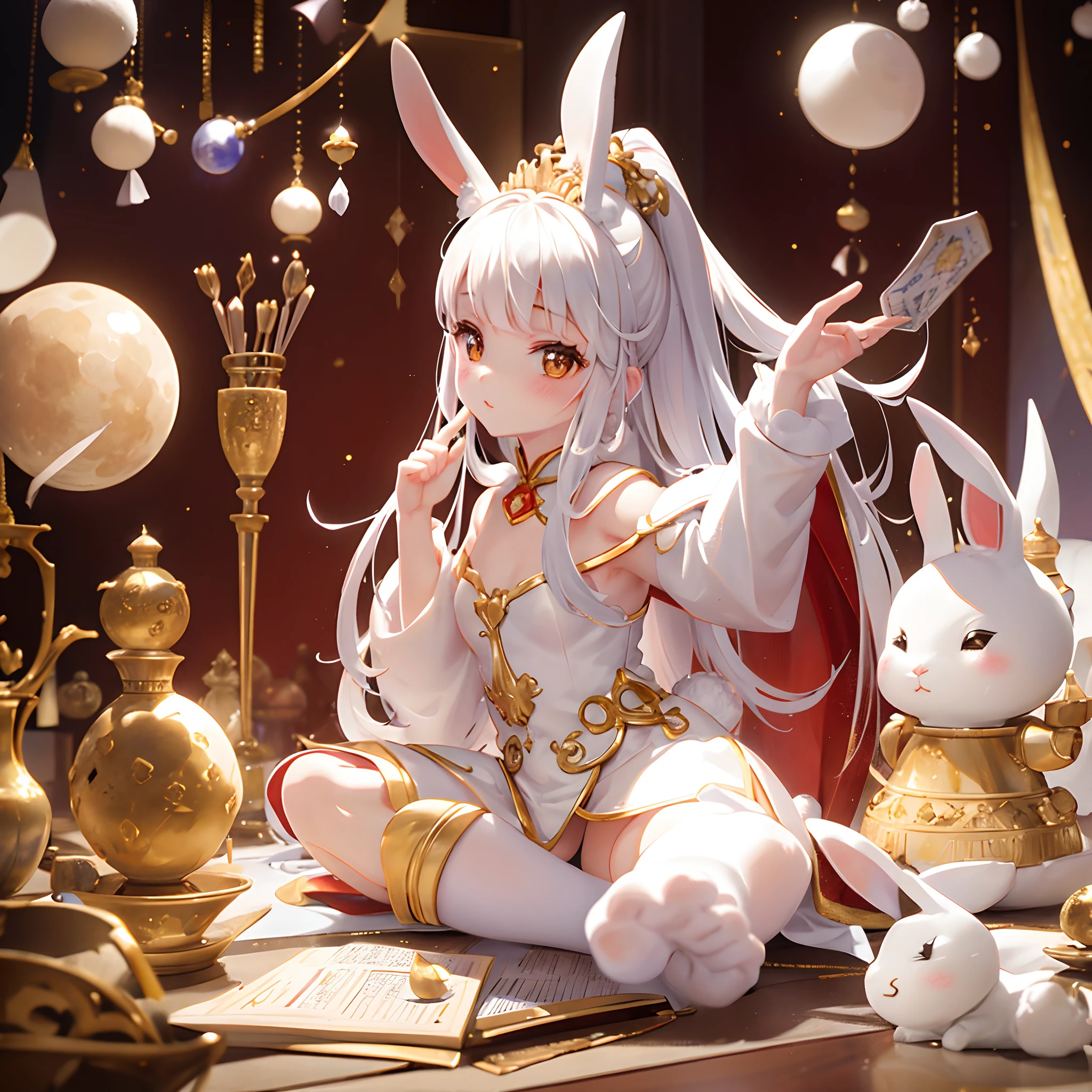 Little white rabbits on the moon,Moon environment,Studio lighting,furry bunny,The forehead is decorated with precious stones,Silver pen drawings,Clear lines,Global close-up,first person perspective,The rabbits prepare for the blessing,desks,ingredient,Chinese elements,Festive atmosphere,Golden-red,Dramatic lighting,Granular film,Ray traching,