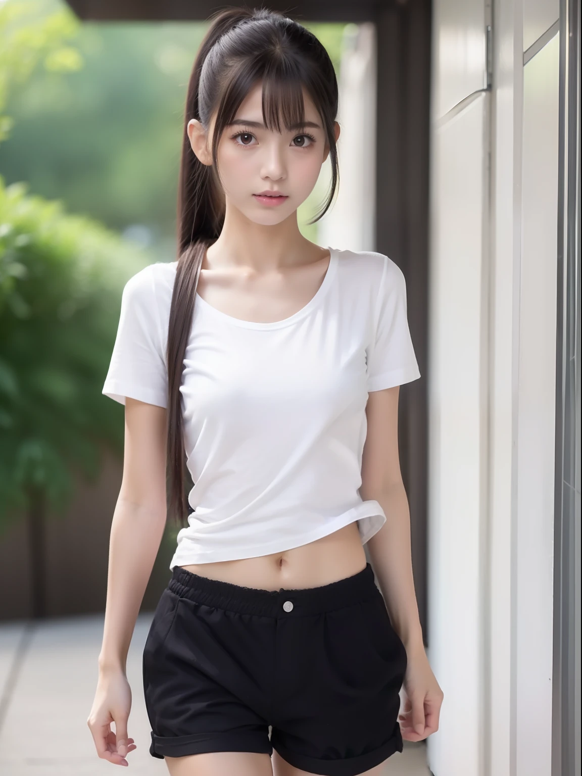 Walking，年轻，(shortpants)，white t-shirts，teens girl，Delicate body，ite body，Delicate body，small tits，tiny chest，Short，A dark-haired，Twin-tailed，poneyTail