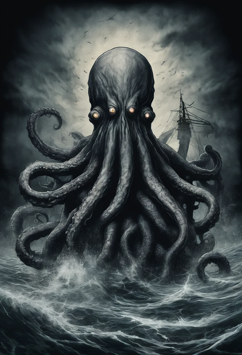 polvo atacando um navio no oceano com um navio ao fundo, An album cover by Lovecraft, Shutterstock, surrealismo, Lula de Cthulhu, mixture of tentacle creatures, Cthulhu subindo do oceano, Foto Cthulhu, leviathan cthulhu squid, Cthulu, Criatura marinha lovecraftiana, Giant powder, fenda, cephalopod, Mitos de Cthulhu, tentacle monster