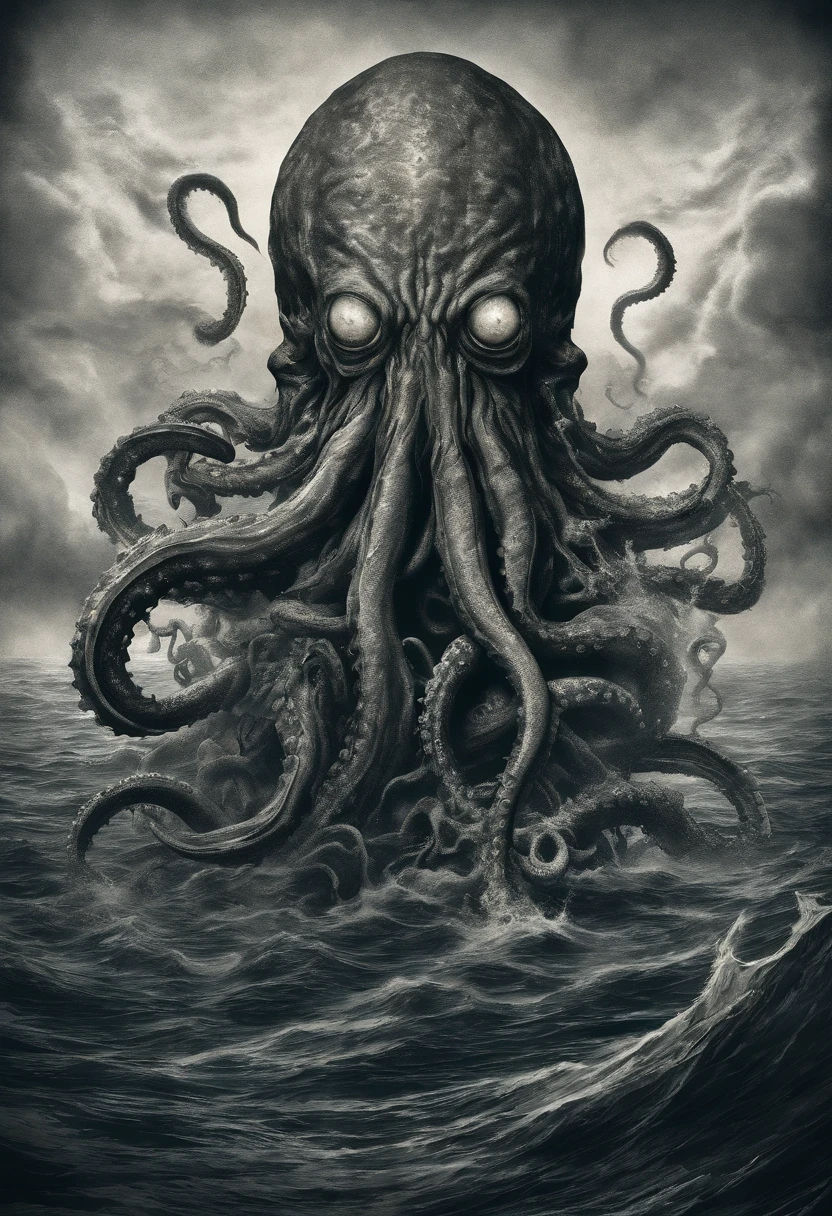 polvo atacando um navio no oceano com um navio ao fundo, An album cover by Lovecraft, Shutterstock, surrealismo, Lula de Cthulhu, mixture of tentacle creatures, Cthulhu subindo do oceano, Foto Cthulhu, leviathan cthulhu squid, Cthulu, Criatura marinha lovecraftiana, Giant powder, fenda, cephalopod, Mitos de Cthulhu, tentacle monster