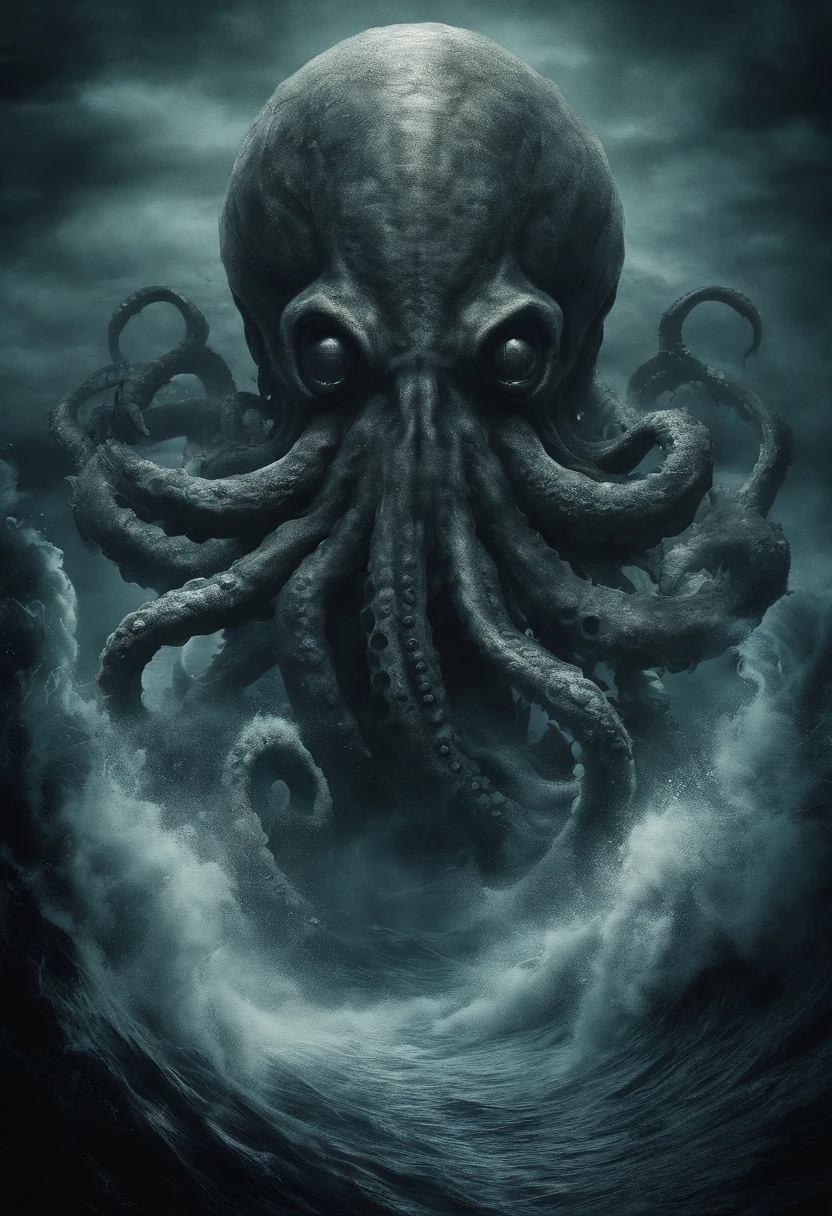 polvo atacando um navio no oceano com um navio ao fundo, An album cover by Lovecraft, Shutterstock, surrealismo, Lula de Cthulhu, mixture of tentacle creatures, Cthulhu subindo do oceano, Foto Cthulhu, leviathan cthulhu squid, Cthulu, Criatura marinha lovecraftiana, Giant powder, fenda, cephalopod, Mitos de Cthulhu, tentacle monster
