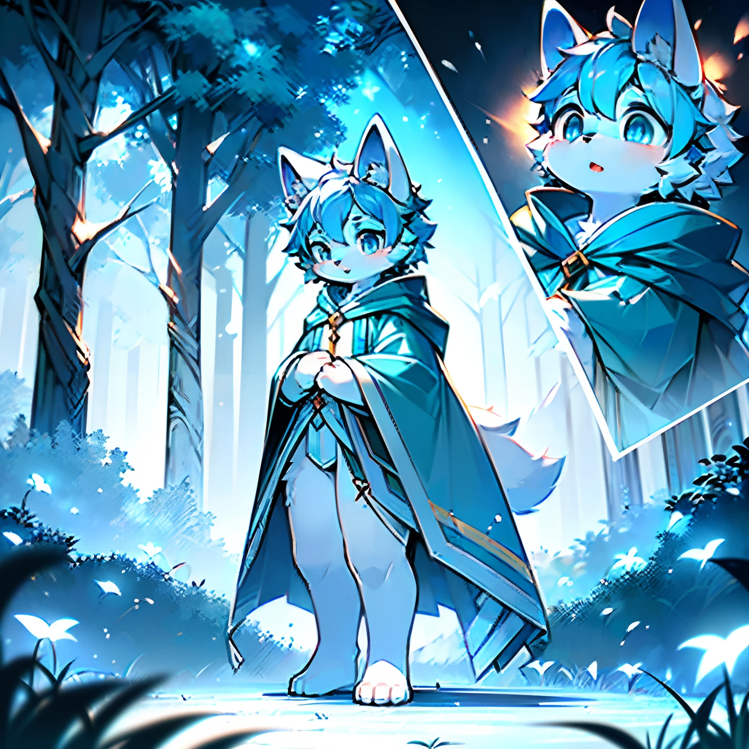 Anthropomorphic standing furry little wolf，adolable, Light：Extreme light and shadow,(anthr(Full Body Furry,Head bust close-up， Pale blue hair,Large pale blue ears，Big blue eyes，The mouth is slightly larger，White fur，Reddish skin ，Sky blue eyes, Pale blue hair:1.2), (long canines、Thick blue cloak，White fur trims：1.2），（the night、lawns)) ，((Deep in the dark forest at night，glowworm，独奏，solo person))，((the detail))，（depth of fields)，（Sell moe），(standing on your feet))