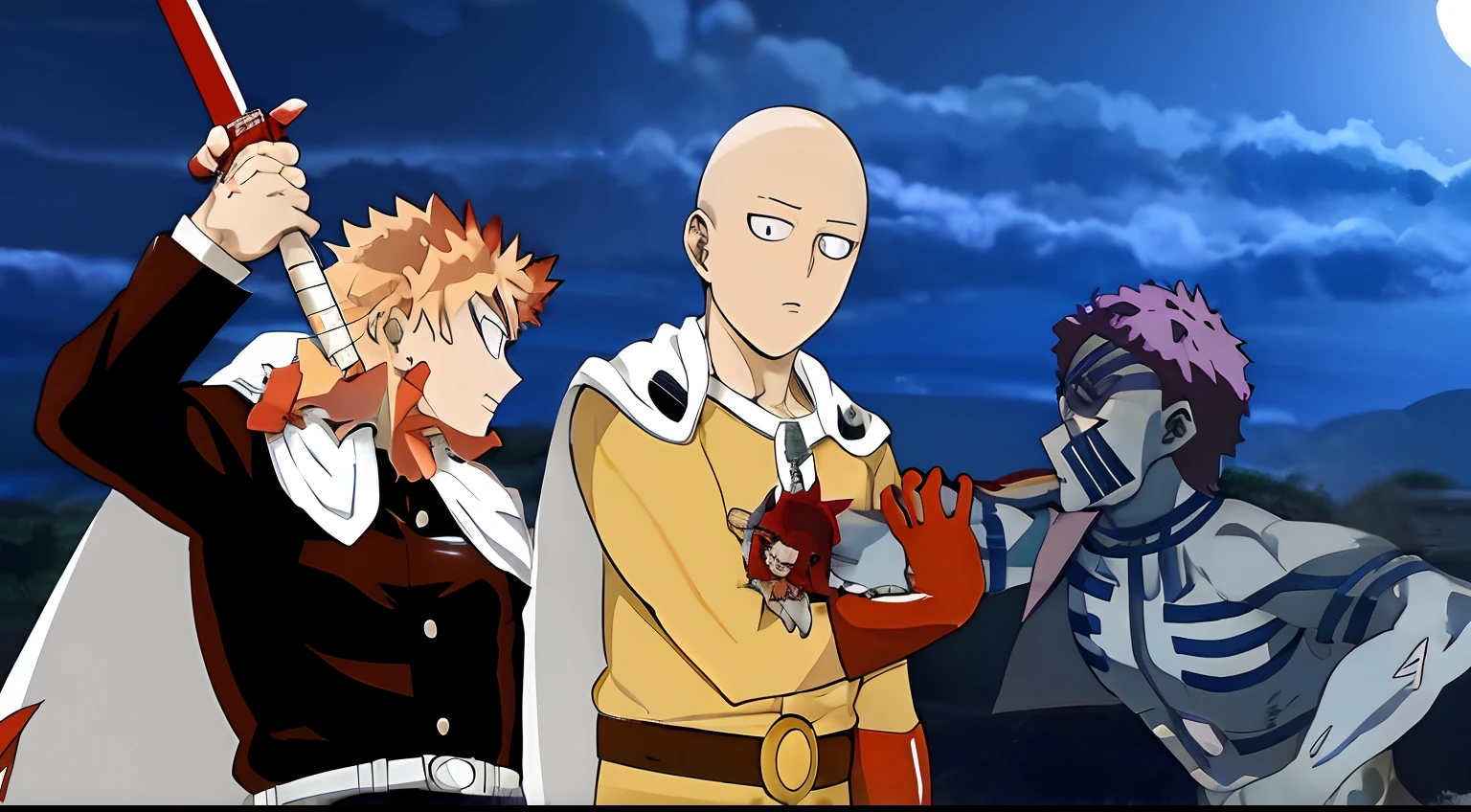 Anime characters in costumes standing in front of a full moon, Chef Saitama One Punch Man, Um homem de soco, one punch man manga, Luta de anime, Saitama, Melhor Design de Personagens de Anime, Obra-prima do anime, Saitama bonito, hunterxhunter, Preparando-se para lutar, em uma obra-prima de anime, visual chave anime como Saitama, captura de tela do filme anime, Epic anime