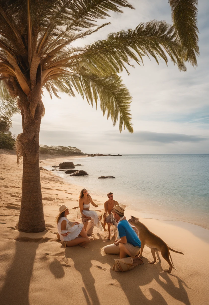 color photo of: "Christmas in Australia"
Sandy beaches and palm trees, Santa in board shorts and flip-flops, barbecues sizzling with prawns and sausages, children playing cricket on the golden sand, shimmering heatwaves dancing above the horizon, laughter and joy filling the air, a kangaroo hopping by, a koala dozing in a eucalyptus tree, colorful beach umbrellas dotting the coastline, an inflatable pool filled with giggling kids, ice-cold beers and chilled wines, the scent of sunscreen mingling with the salty sea breeze, families gathered under shady trees, tinsel and baubles hanging from palm fronds, the sound of waves crashing on the shore, the hum of cicadas in the scorching sun, a sense of relaxation and togetherness, a vibrant and laid-back atmosphere.
Camera settings: Nikon D850, Kodak Ektar 100 film, 50mm prime lens, long exposure for capturing the movement of the waves, shallow depth of field for bokeh effect.
Directors: Quentin Tarantino, Wes Anderson, Sofia Coppola
Cinematographers: Emmanuel Lubezki, Christopher Doyle, Roger Deakins
Photographers: Annie Leibovitz, David LaChapelle, Steve McCurry
Fashion designers: Alexander McQueen, Vivienne Westwood, Stella McCartney, Karl Lagerfeld
—c 10 —ar 2:3
