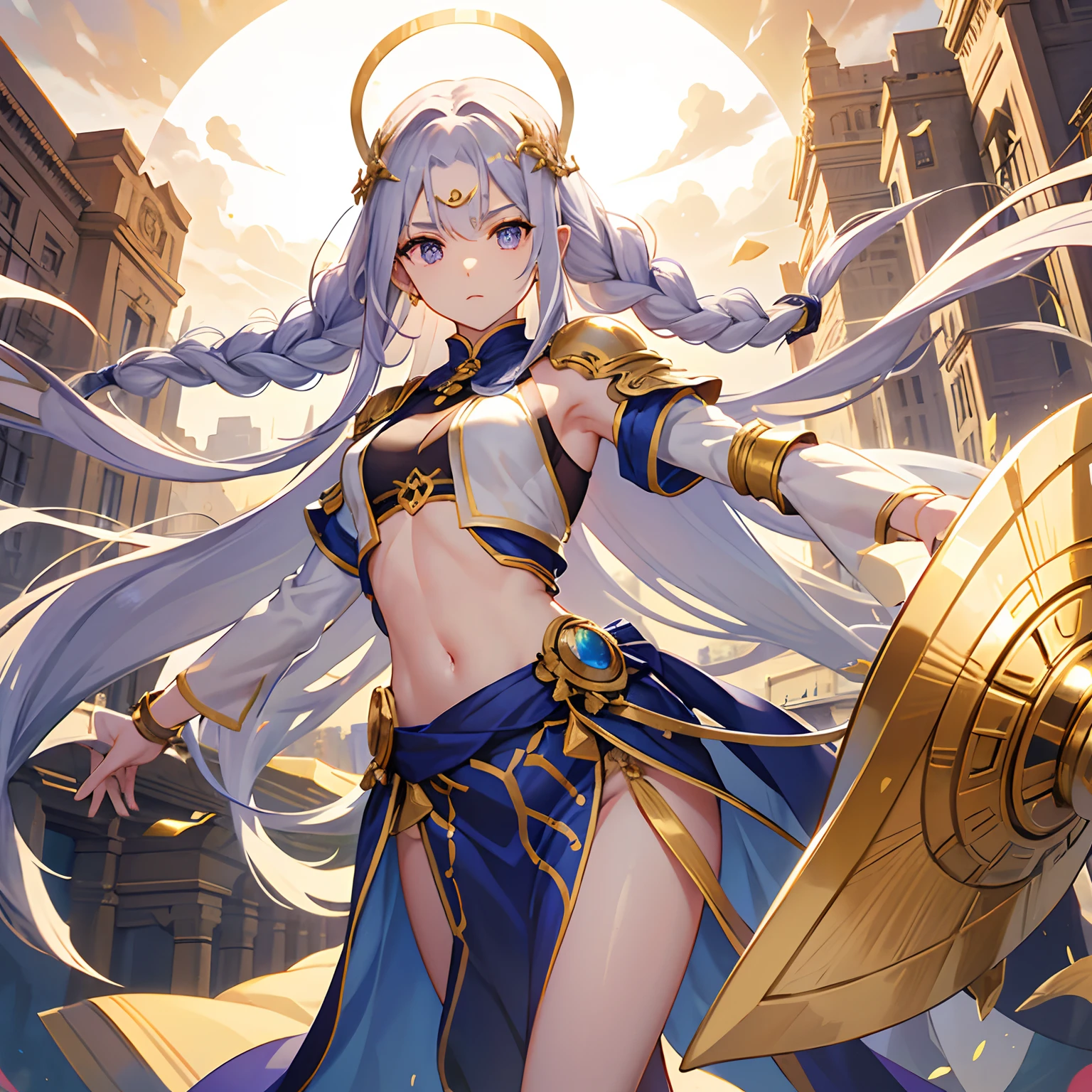 Original Characters、Athena、faces: His face is well-formed.、Her eyes are deep and intelligent.、Seems to have a keen insight。Her eyes are blue as purple.、His gaze is full of ancient knowledge and wisdom。
The hair: With blonde long hair、Delicate waves,。Hair is often held together in intricate braid-up styles。For hair、Inlaid with olive branches and small gold decorations。
Body: The figure has feminine curves.、Its muscles are firm like a trained warrior。Her skin turns white、It glows faintly when illuminated by sunlight。
garments: Her combat robes are white and gold,、A gold band is wrapped around the waist。The robe is tight on the chest.、The lower body is knee-length and the hem flows。Some of her armor is crafted with gold and silver.、Chest and arms、The legs have a special design。
accessorized: He wears a crafted gold crown on his head.、A small gemstone is embedded in the forehead。Gold earrings in the ears。
arma: In his hands was a large shield and a spear,、The shield is engraved with Medusa's face。The face of this Medusa is、It is believed to have the power to turn enemies to stone。The spear is long、The tip is sharply polished。 landscapes: Flat land spreads out、place々Rocks and trees々Scattered。Smoke plume rises、mountain in the distance々The shadow of the warrior is the background of。In the ground、Post-battle weapons and shields、Strewn with arrows and other debris。The sky is cloudy、There is a dull atmosphere in the air。