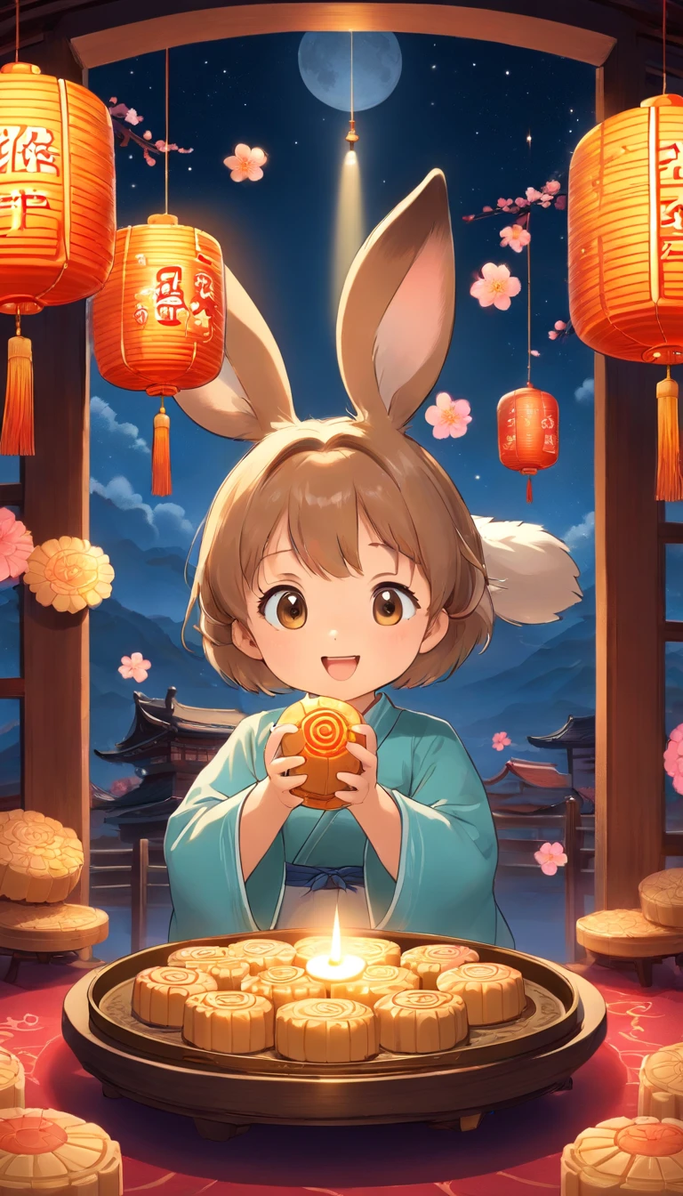 Delicious mooncakes,cinematic ligh,professional photoshooting,studio lit,studio context,advertisement photography,Complicated details,hyper-detailing,Ultra photo realsisim,8K UHD,Place on a blue and white porcelain plate,closeup cleavage,Leave a little space,adorable rabbit,Holding mooncakes,Admire the big moon,peach blossom,lanterns,mid-autumn festival