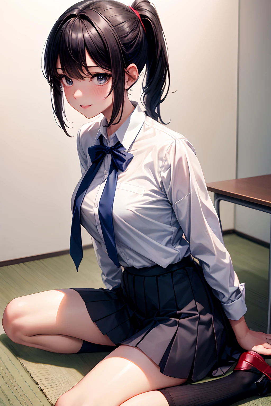 A lot of skin exposure, High school students, in school uniform, hair behind ear, lightsmile, oral invitation, Black hair, Ponytail, In summer uniform, crossedlegs, Twin-tailed, expressive hair, bob cuts, Lonely nape hair, wariza, Knee Stow Chest, onback, Fetal position, Anime, Anime style, drop shadow, 4K, Best Quality, awardwinning, Super Detail, Textured skin