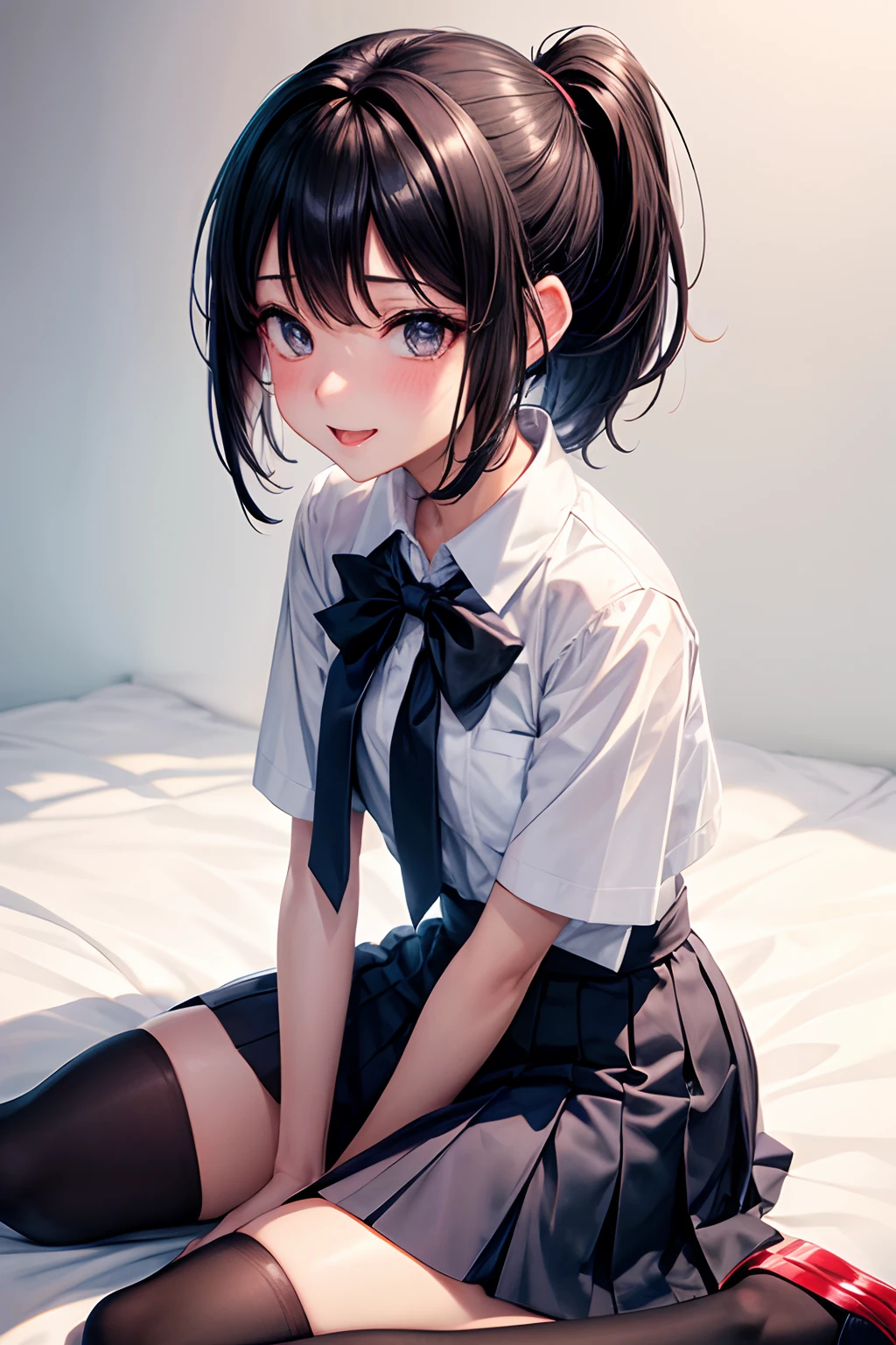 A lot of skin exposure, High school students, in school uniform, hair behind ear, lightsmile, oral invitation, Black hair, Ponytail, In summer uniform, crossedlegs, Twin-tailed, expressive hair, bob cuts, Lonely nape hair, wariza, Knee Stow Chest, onback, Fetal position, Anime, Anime style, drop shadow, 4K, Best Quality, awardwinning, Super Detail, Textured skin