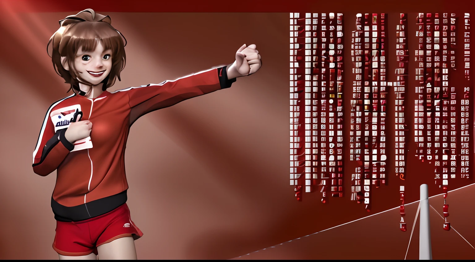 Red Jersey,Red shorts,Brown hair,cute smile face,a picture,in 8K,top-quality,highest details