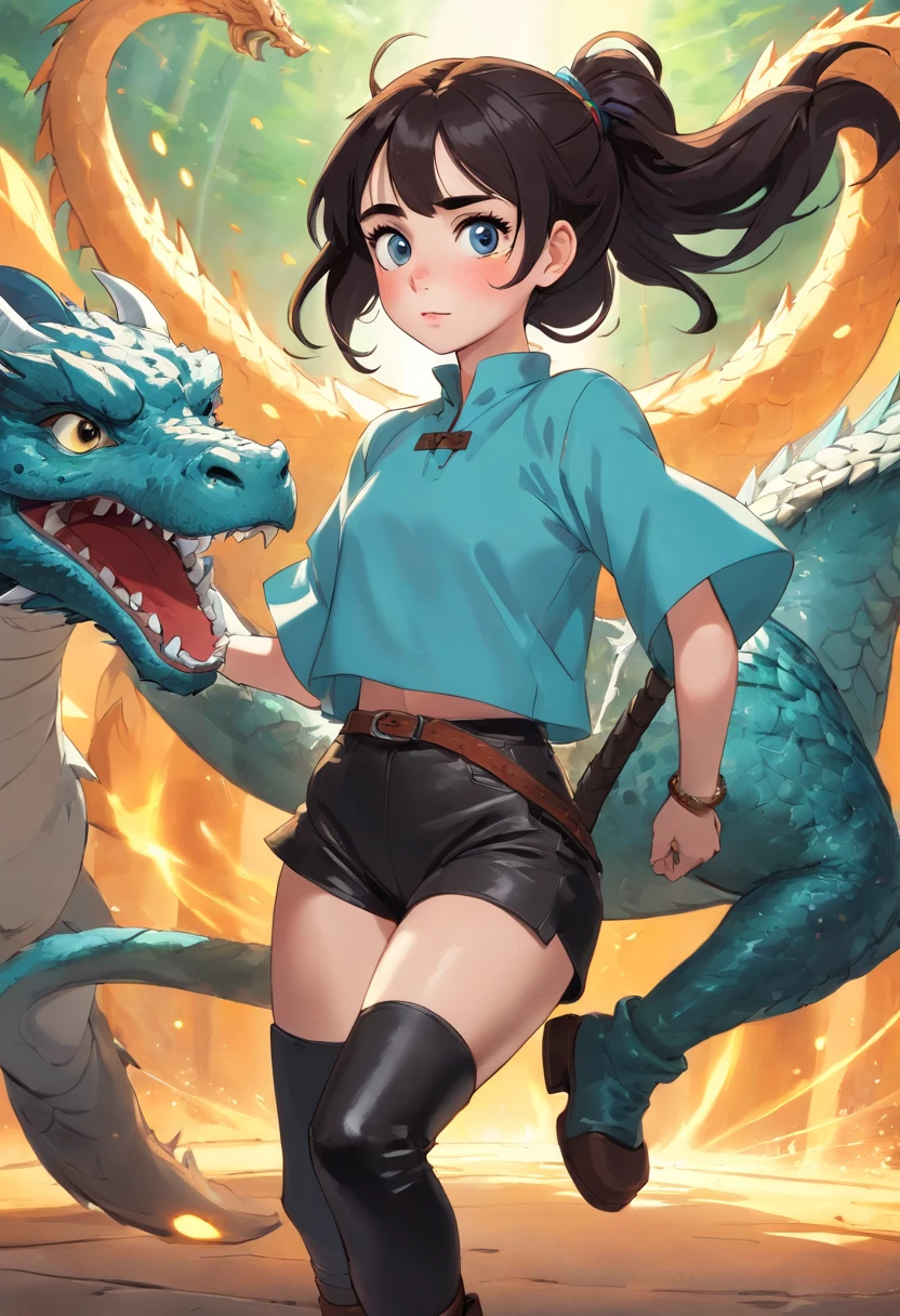 1girl, lily collins, ((freckles)), tan, upper body focus, tunic, crop top, leather leggings, boots, light blue eyes, black hair, big ponytail, fighting a dragon