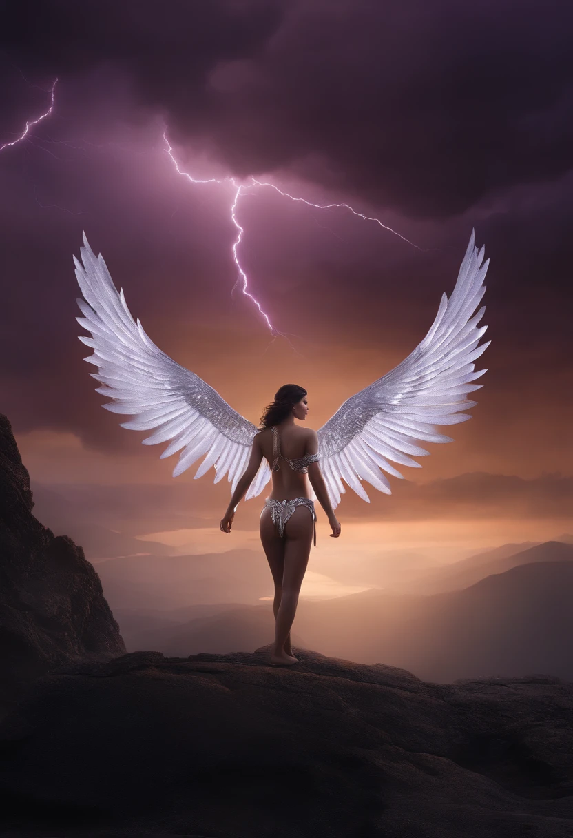 high quality full length portrait, RAW photo of european 20yo woman with iridescent angel wings, a warrior, small breasts, short dark purple hair, natural pale skin texture, jeweled diadem, silver necklace, night, lightning, volcano and mountain background, short depth of field, intricate, elegant, detailed textures, sharp focus, coiled arm band, bracelets, neck chain ultra high pixel detail, cinematic, intricate, cinematic light, concept art, art station, realistic, movie scene, cinematic, high quality, craig mullins and wayne barlowe style, full colors, incredibly detailed, 4k, 8k, erotic, gothic,