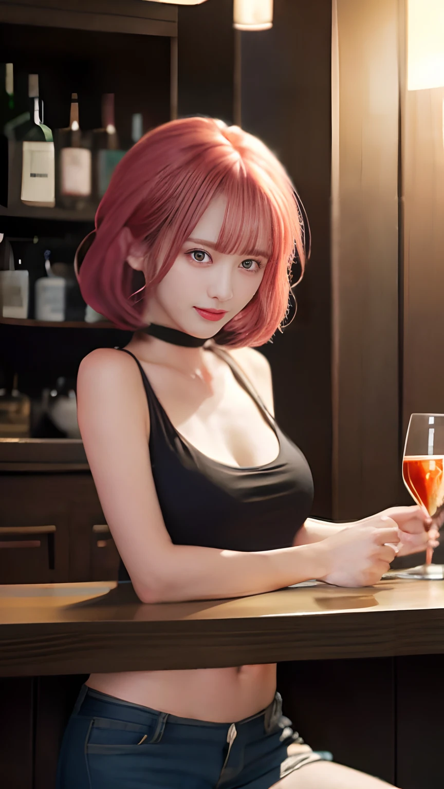 (8K, top-quality, masterpiece:1,2), (reallistic, Photorealsitic:1.37), Super Detail, One girl,), (Highly detailed), (beautifully detailed eyes), (of the highest quality), (super detailed ), (masterpiece), (Detailed face),20yr old, ,1 girl, full body, pink hair,Very short hair, medium breasts, clothed, Perfect Lighting, pussy and breast focus, looking at viewer, aroused face, naughty face, Net tights, bunny girl, night bar, bunny girl ears, Net tights, bunny girl, tight black bunny girl outfit, night bar, bunny girl ears, standing