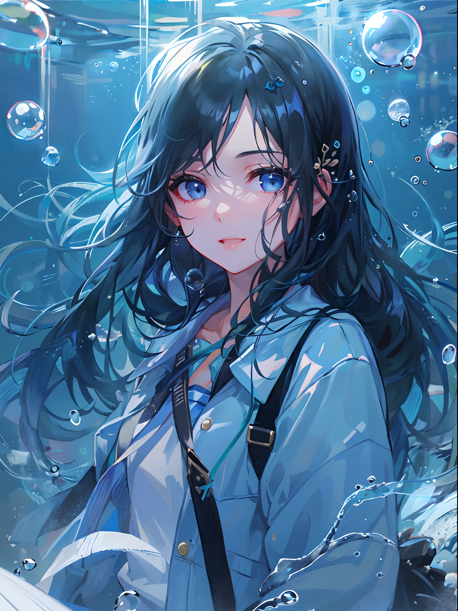 ((top-quality)), ((​masterpiece)), ((ultra-detailliert)), (extremely delicate and beautiful), girl with, 独奏, cold attitude,((Black jacket)),She is very(relax)with  the(Settled down)Looks,A dark-haired, depth of fields,evil smile,Bubble, under the water, Air bubble,bright light blue eyes,Inner color with black hair and light blue tips,Cold background,Bob Hair - Linear Art, shortpants、knee high socks、White uniform like school uniform、Light blue ribbon ties、Clothes are sheer、Hands in pockets、Ponytail hair、Bright eyes like sapphires, flourescent blue,