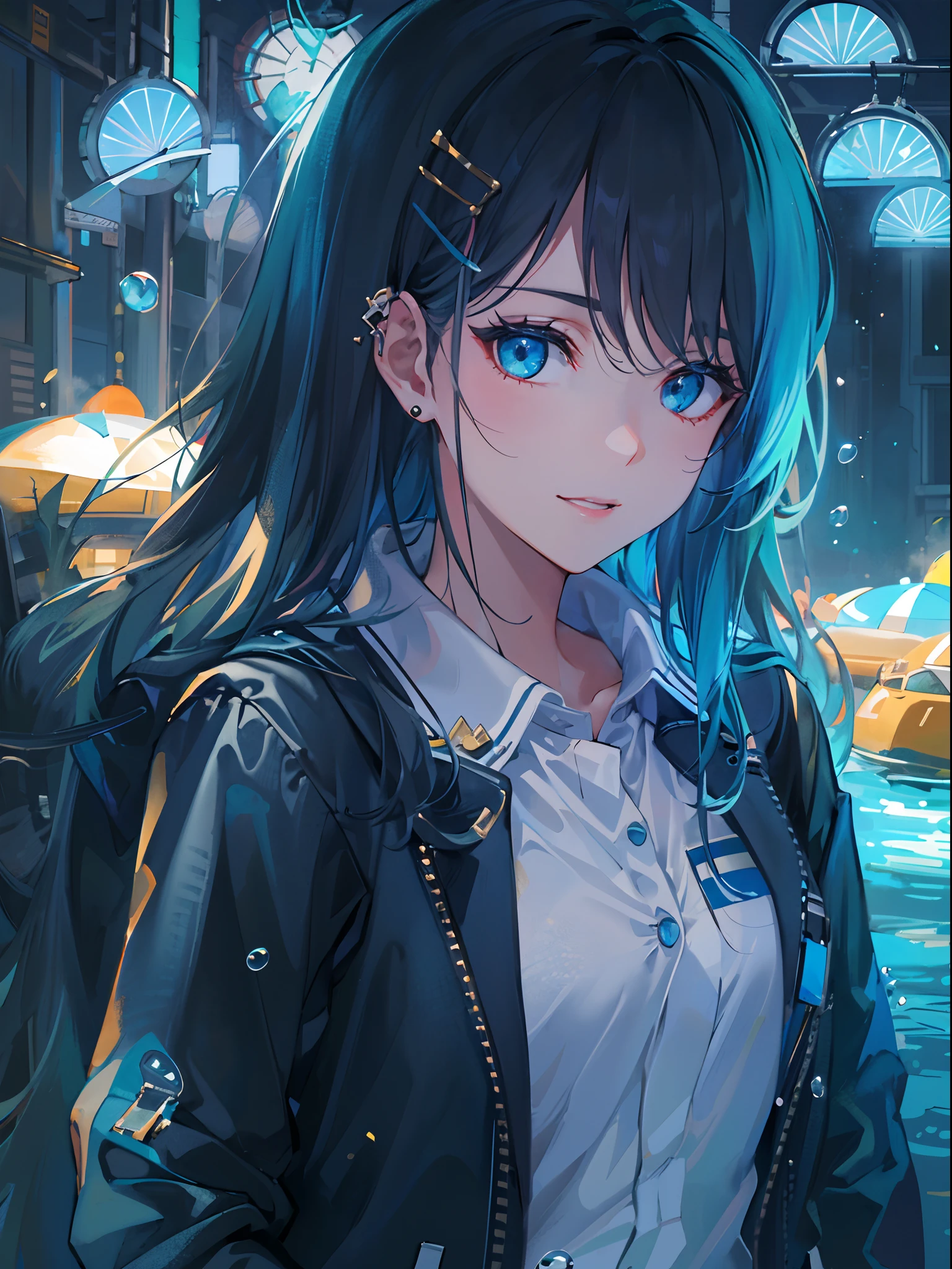 ((top-quality)), ((masterpiece)), ((ultra-detailliert)), (extremely delicate and beautiful), girl with, 独奏, cold attitude,((Black jacket)),She is very(relax)with the(Settled down)Looks,A dark-haired, depth of fields,evil smile,Bubble, under the water, Air bubble,bright light blue eyes,Inner color with black hair and light blue tips,Cold background,Bob Hair - Linear Art, shortpants、knee high socks、White uniform like school uniform、Light blue ribbon ties、Clothes are sheer、Hands in pockets、Ponytail hair、Bright eyes like sapphires, flourescent blue,
