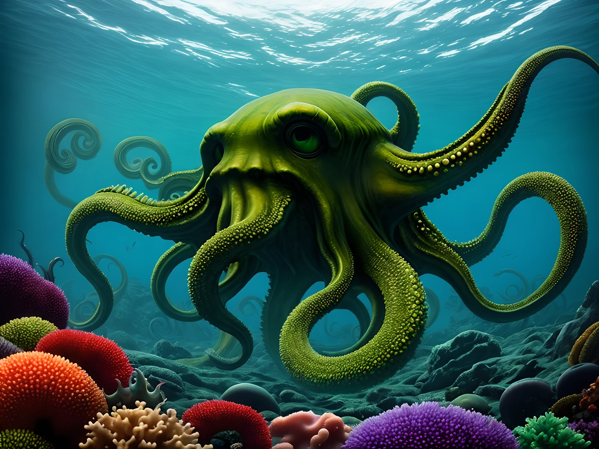 create image real Octopus with Hulk skin, under the sea, realism, photorealistic, detailed visuals
