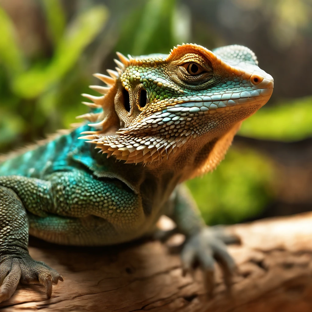 a Bearded Dragon,wood climbing in a glass tank,(best quality,highres,masterpiece:1.2),ultra-detailed,realistic,photorealistic:1.37,detailed scales,expression on its face,warm lighting,glass reflections,vibrant colors,organic textures,scratches on the glass,high-resolution reptile,3D rendering,close-up shot,impressive wood grain,detailed bark,curved branches,stretching tail,engaging eyes,majestic reptile presence,subtle shadows,evoking calmness and curiosity,luminous highlights,endearing gaze