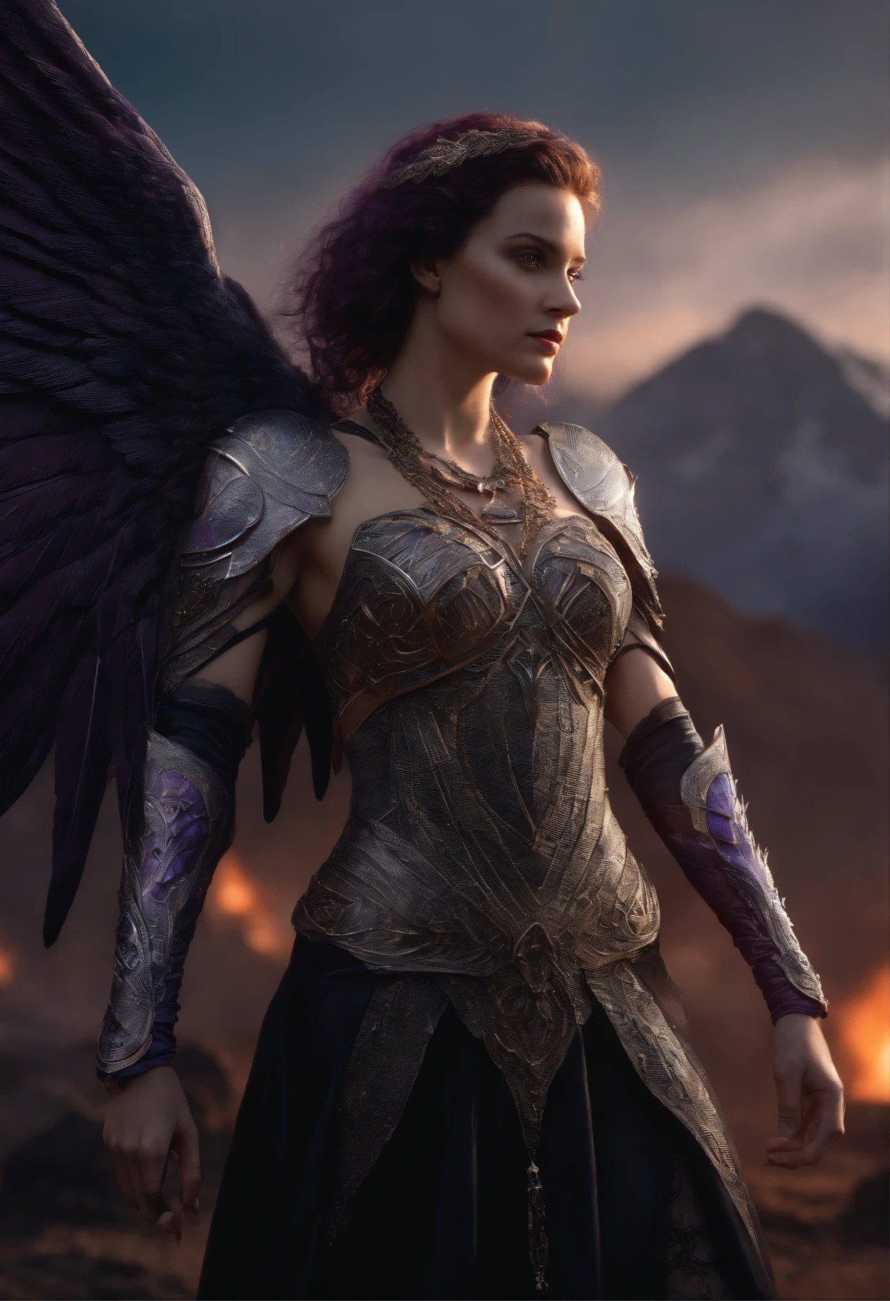 high quality full length portrait, RAW photo of european 20yo woman with iridescent angel wings, a warrior, small breasts, short dark purple hair, natural pale skin texture, jeweled diadem, silver necklace, night, lightning, volcano and mountain background, short depth of field, intricate, elegant, detailed textures, sharp focus, coiled arm band, bracelets, neck chain ultra high pixel detail, cinematic, intricate, cinematic light, concept art, art station, realistic, movie scene, cinematic, high quality, craig mullins and wayne barlowe style, full colors, incredibly detailed, 4k, 8k, erotic, gothic,